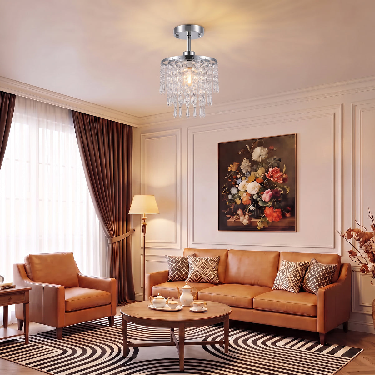 Crystal Ceiling Light with 57 Crystal Strands, Modern Ceiling Light with Mounting Plate for Bedroom, Dining Room, Hallway, Silver Tone, Bulb Not Included