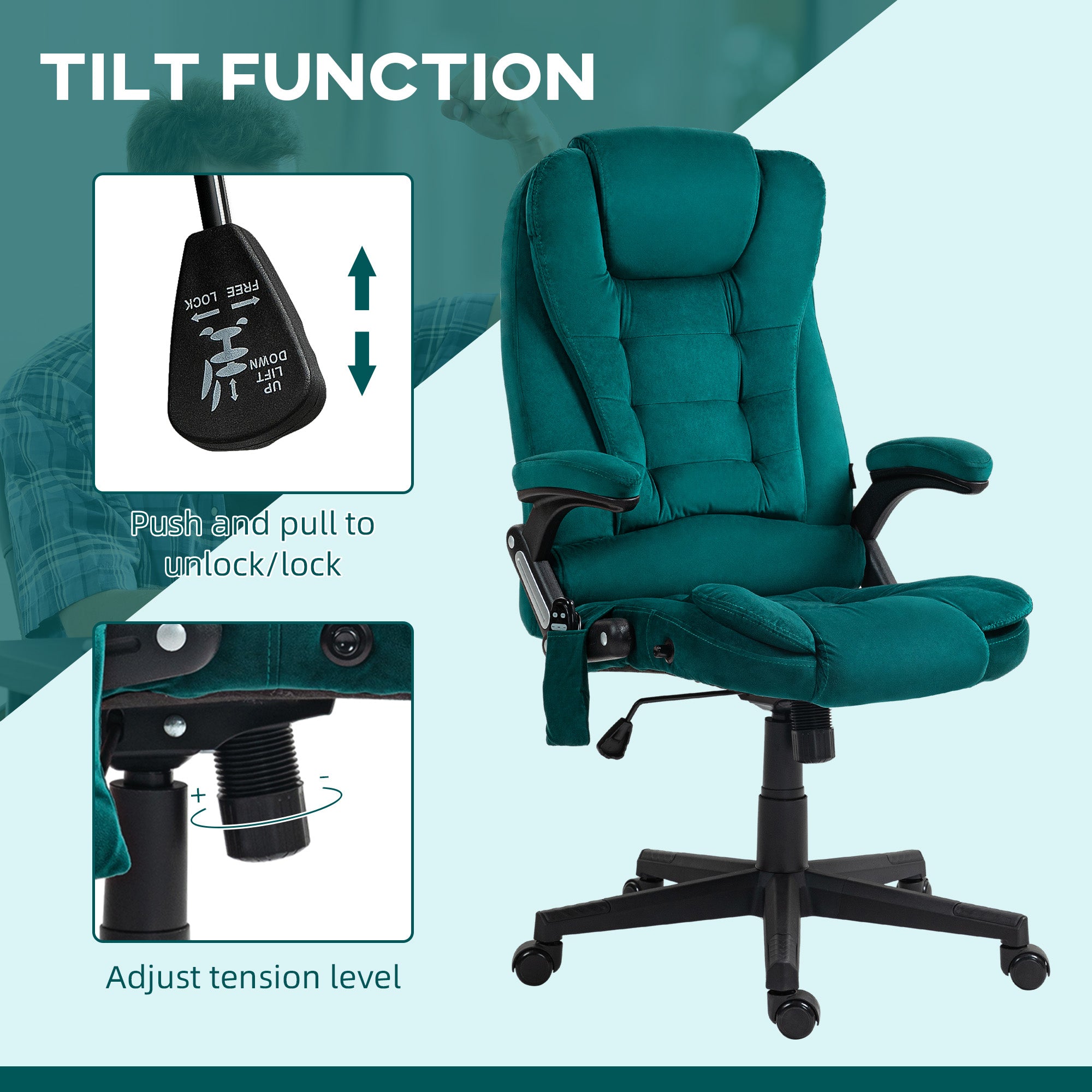 6 Point Executive Office Chair with Heat, Velvet High Back Vibrating Massage Office Chair, Dark Green