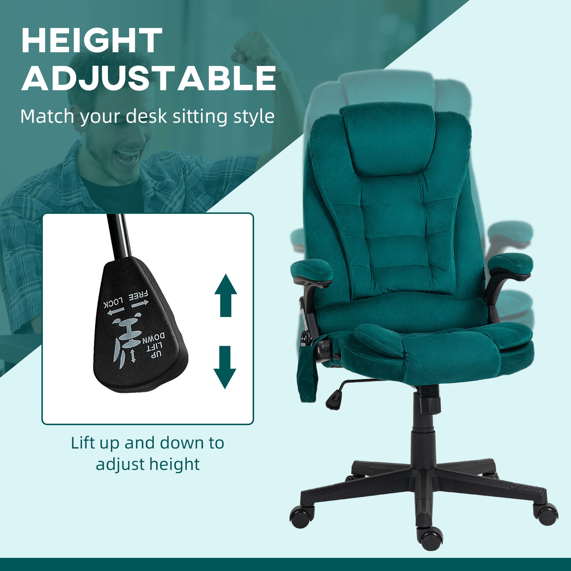 6 Point Executive Office Chair with Heat, Velvet High Back Vibrating Massage Office Chair, Dark Green