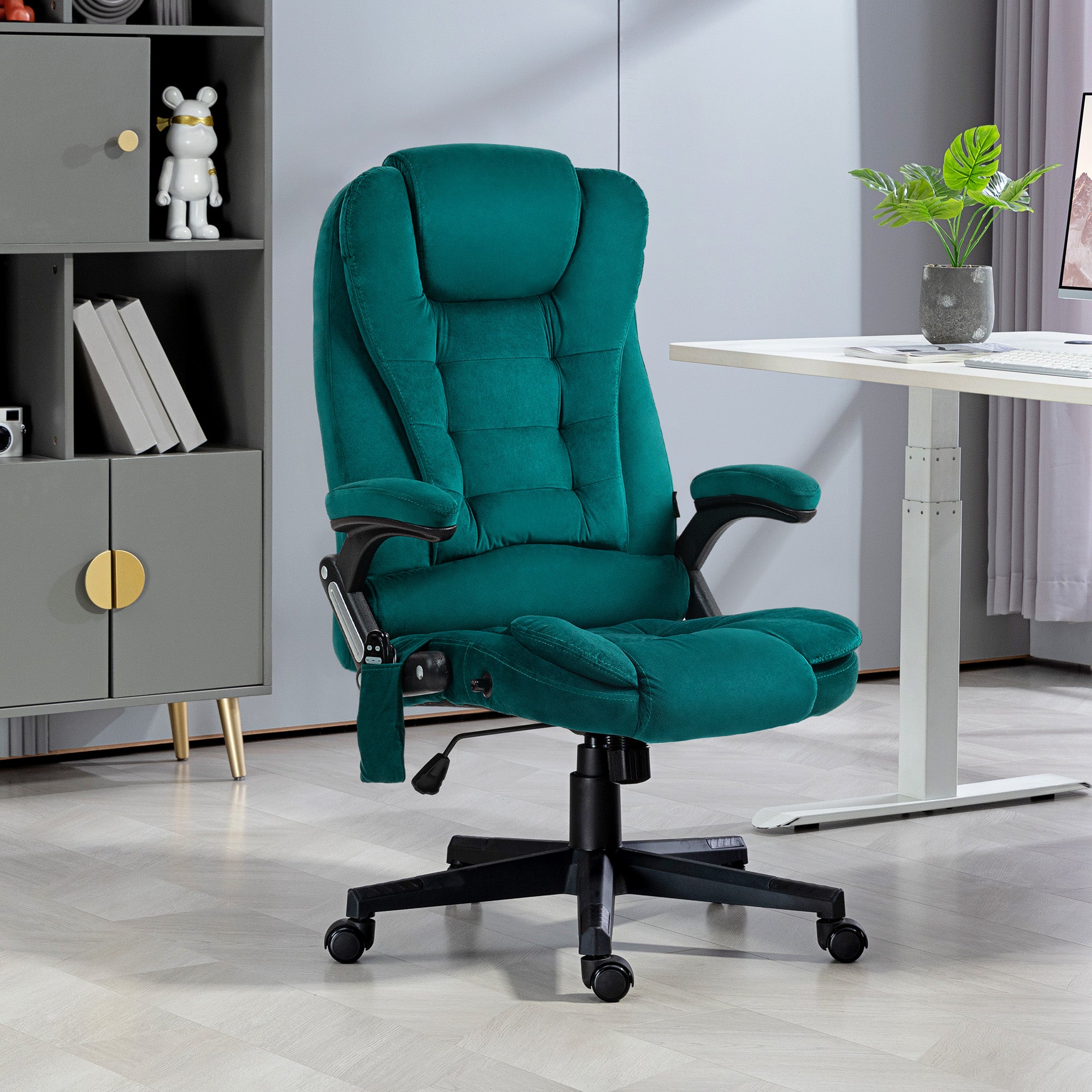 6 Point Executive Office Chair with Heat, Velvet High Back Vibrating Massage Office Chair, Dark Green