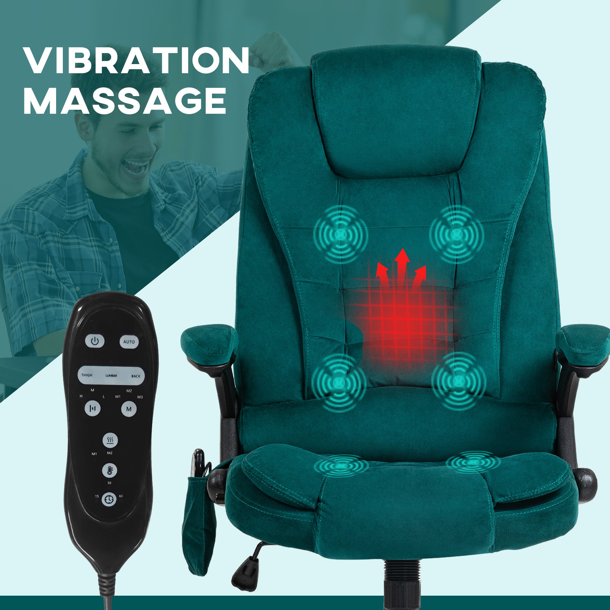 6 Point Executive Office Chair with Heat, Velvet High Back Vibrating Massage Office Chair, Dark Green