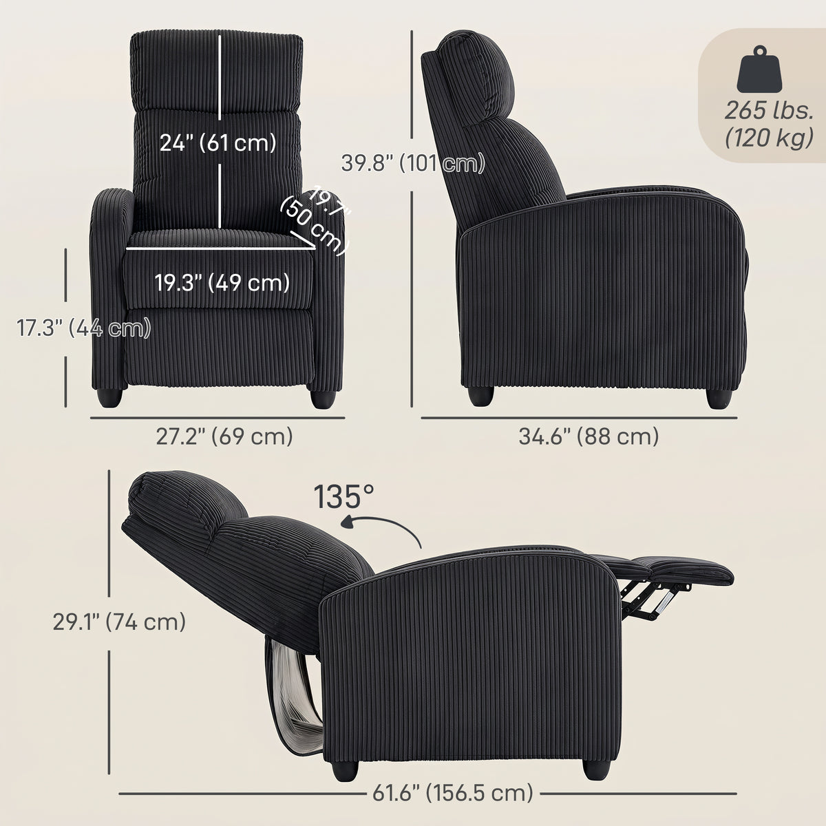 Push Back Recliner Chair, Corduroy Home Theater Seating, Single Reclining Sofa Chair with Padded Seat for Living Room, Black