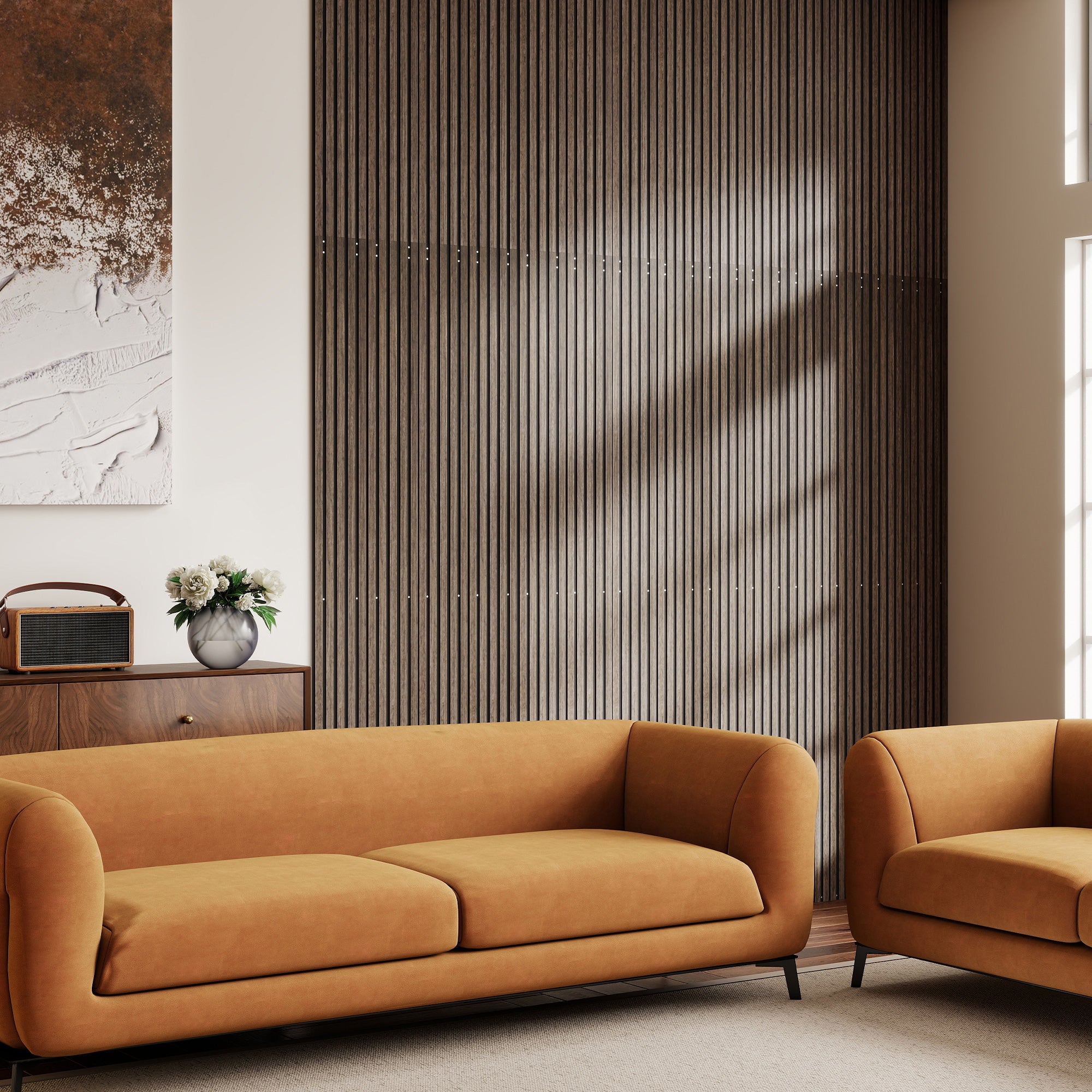 95 x 8 Inches 3D Faux Wood Wall Panels, 4 Pack Acoustic Panels, Sound Absorbing and Proof Slat Wall For Interior Wall Decor, Home, Office, Studio, Walnut