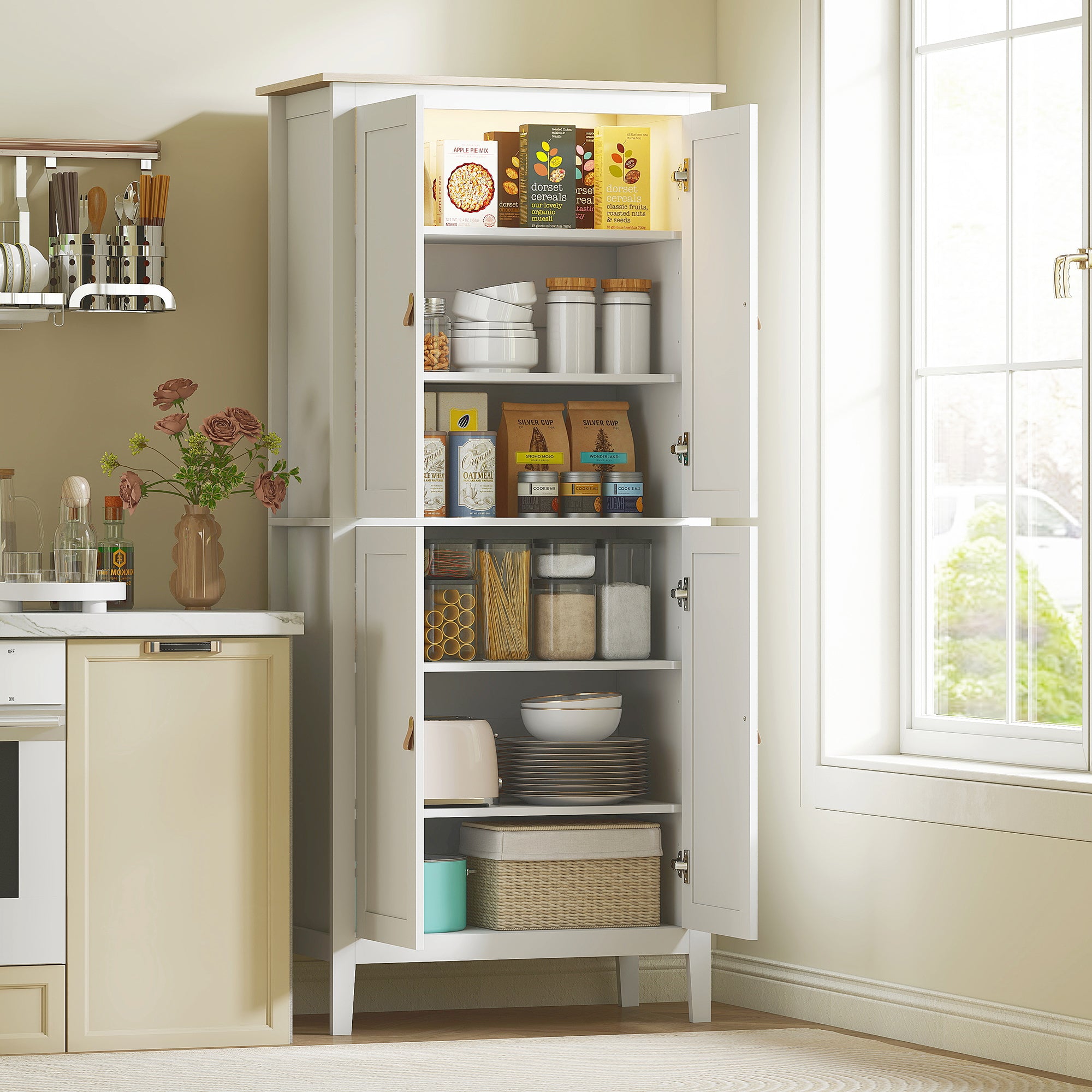 Tall Kitchen Cupboard with Motion Sensor LED Light, 3-Colour Dimmable Lighting, 177 cm Freestanding Storage Cabinet with Doors and Adjustable Shelves, White