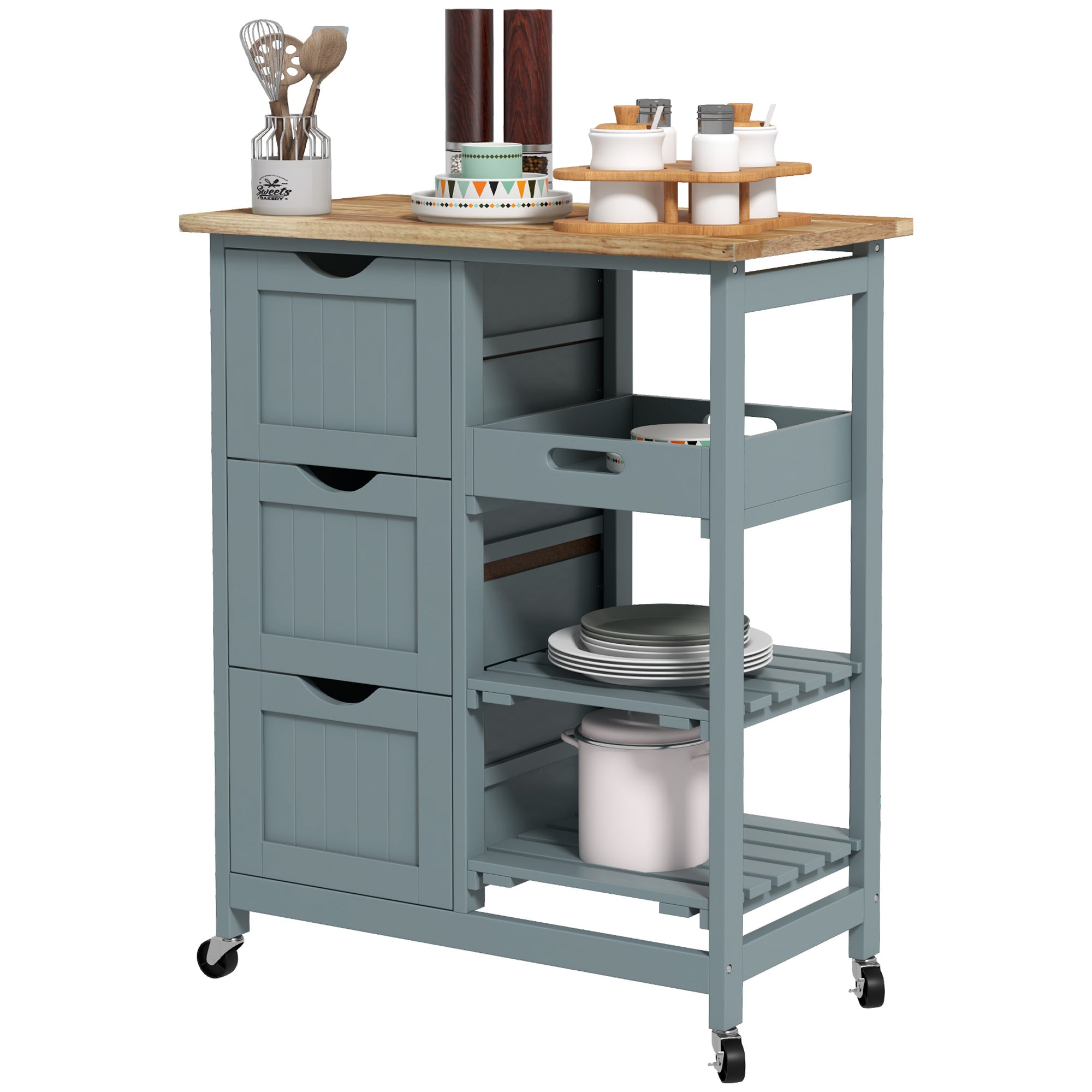 HOMCOM Rolling Kitchen Island Cart, Bar Serving Cart, Compact Trolley on Wheels with Wood Top, Shelves and Drawers, Grey