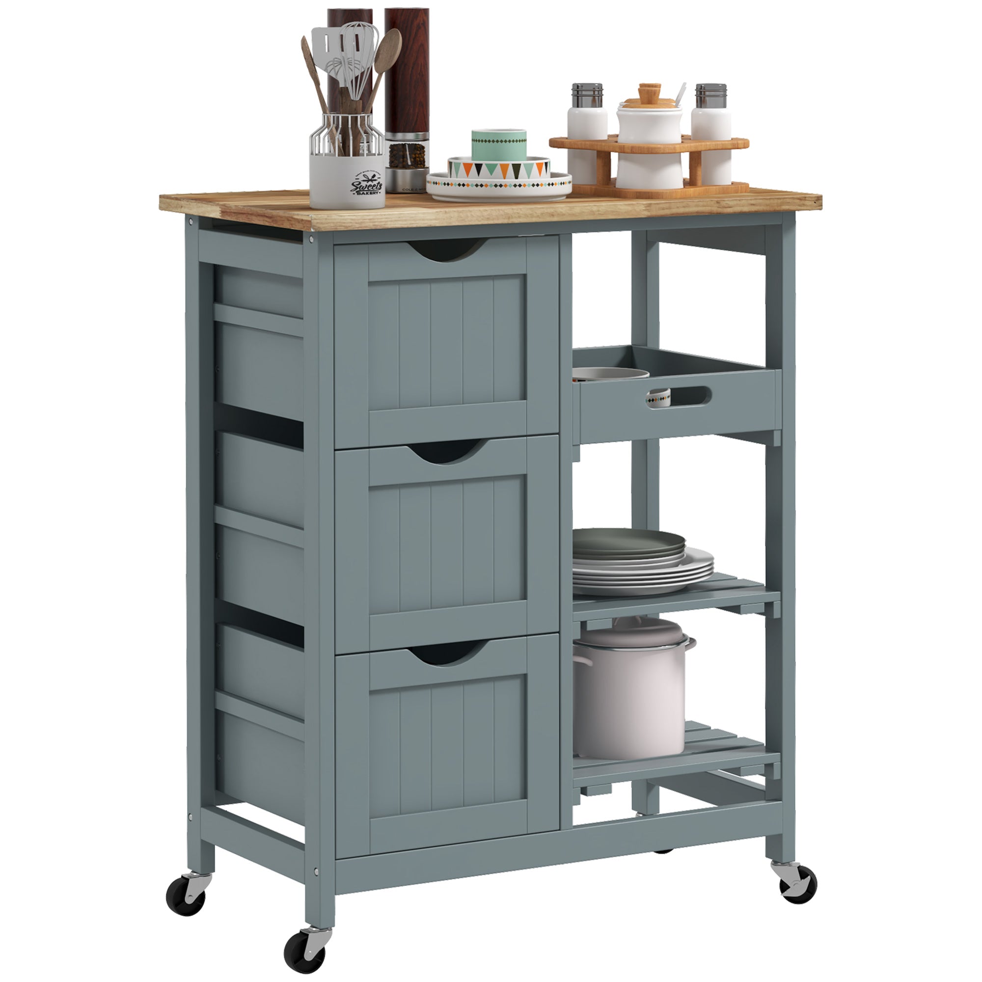 Rolling Kitchen Cart, Kitchen Island with Wood Top, Shelves & Drawers for Dining Area, Gray