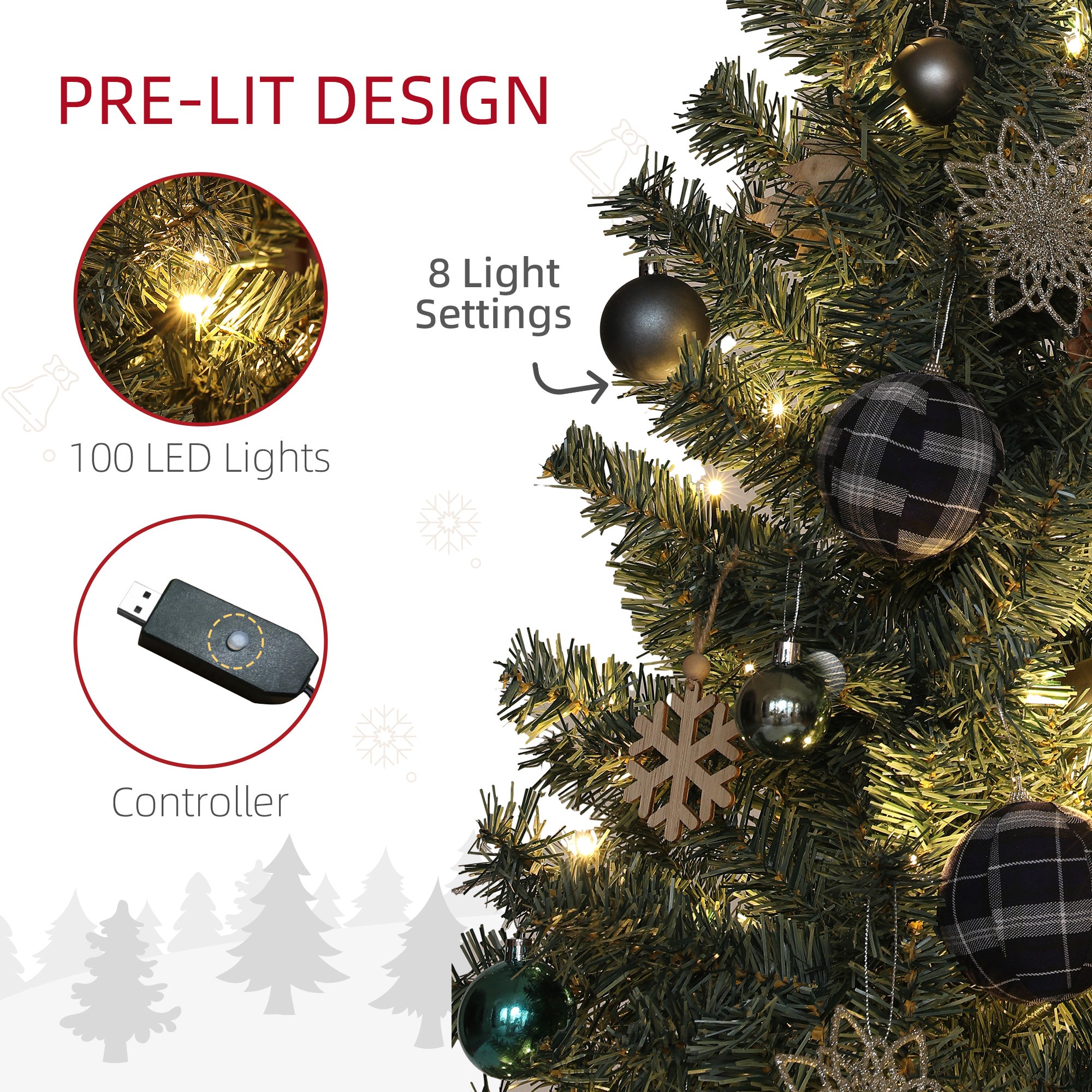 HOMCOM 5ft Artificial Prelit Christmas Tree with 100 Warm White LED Lights and 353 Tips, Metal Stand, Xmas Tree for Home Office Holiday, Green