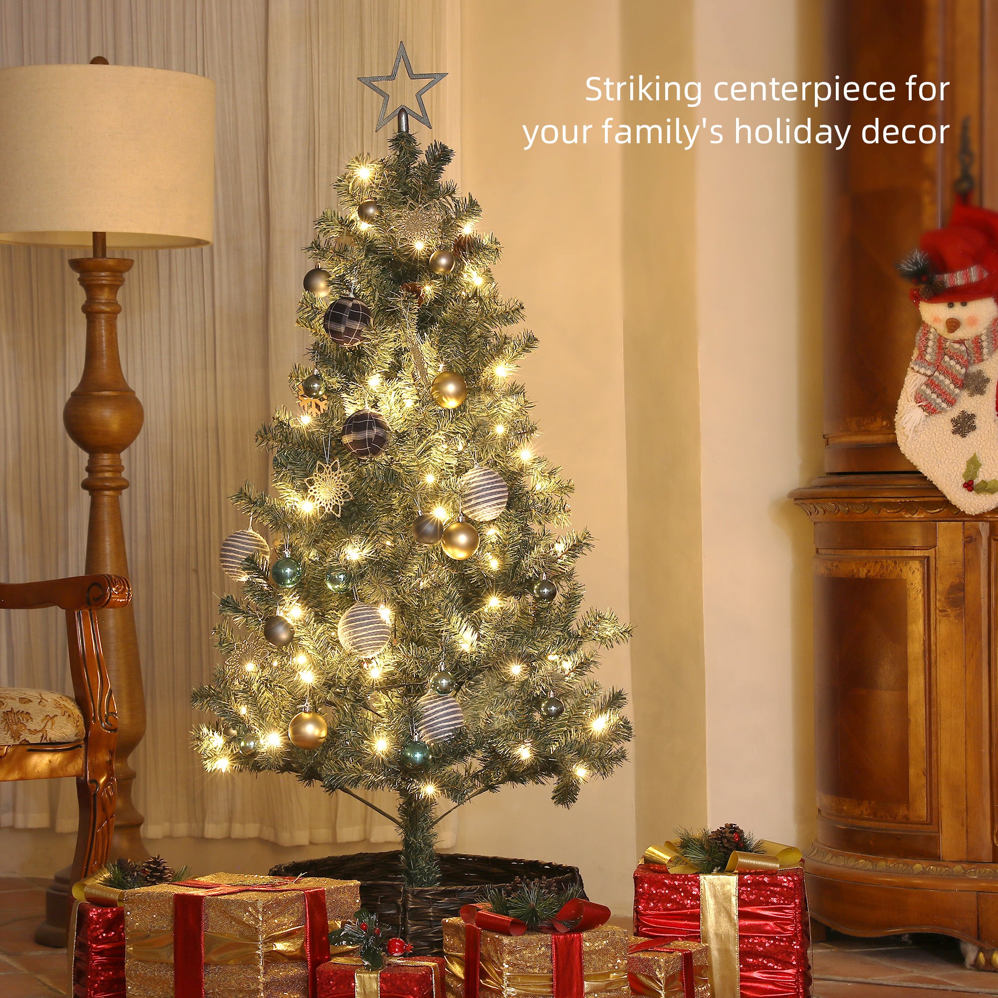 HOMCOM 5ft Artificial Prelit Christmas Tree with 100 Warm White LED Lights and 353 Tips, Metal Stand, Xmas Tree for Home Office Holiday, Green