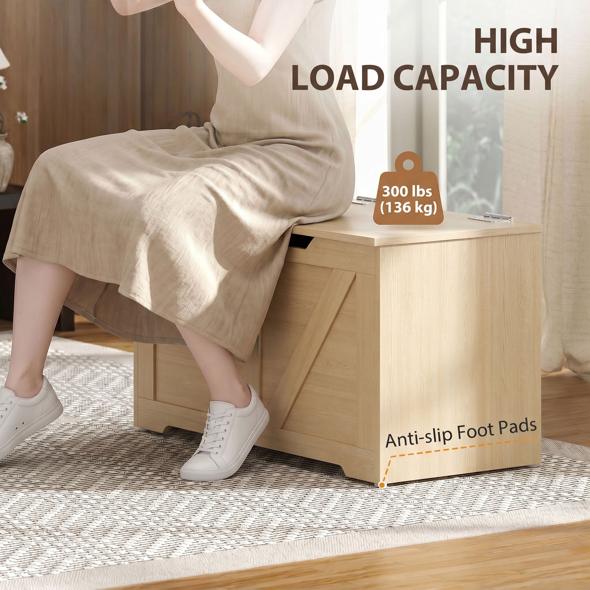 100L Storage Chest, Shoe Storage Trunk Bench Box with Safety Hinge and U-shaped Cut-out Pull, Blanket Box Ottoman for Bedroom, Living Room, Entryway, 80 x 40 x 45 cm, Nature Wood Finish