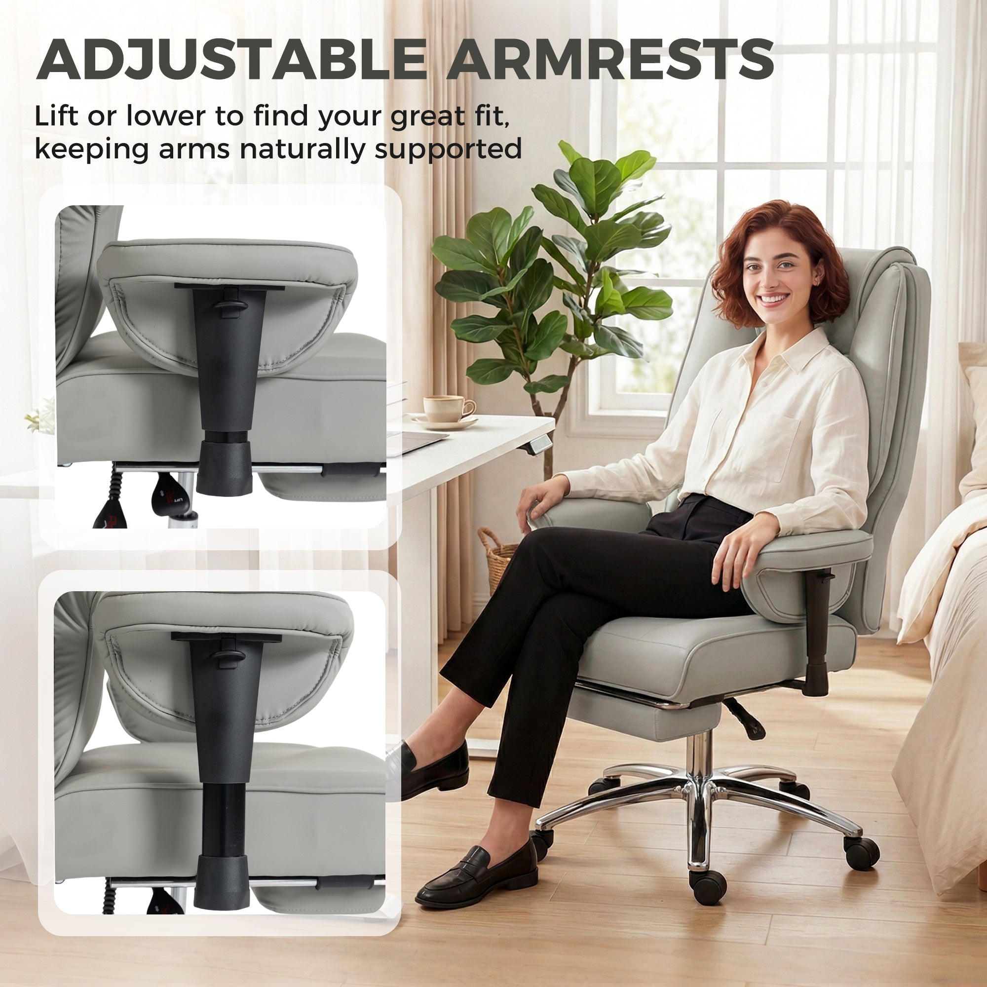 Ergonomic Executive Office Chair with Foot Rest, Reclining Swivel Computer Desk Chair with Adjustable Armrests, Spring Seat, High Back, Thick Cushion, Pet Friendly Faux Leather, Light Gray