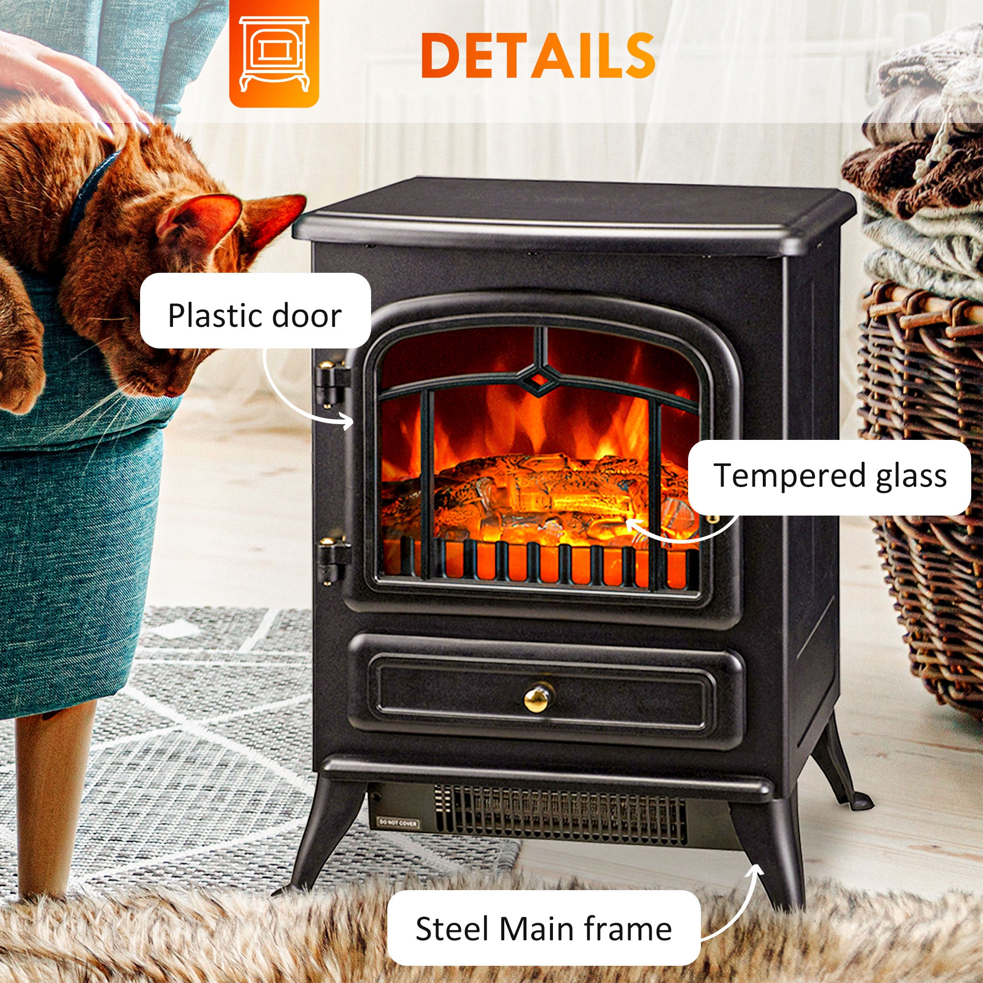 Electric Fireplace Stove Heater with Realistic LED Flames and Logs 750W/1500W Black