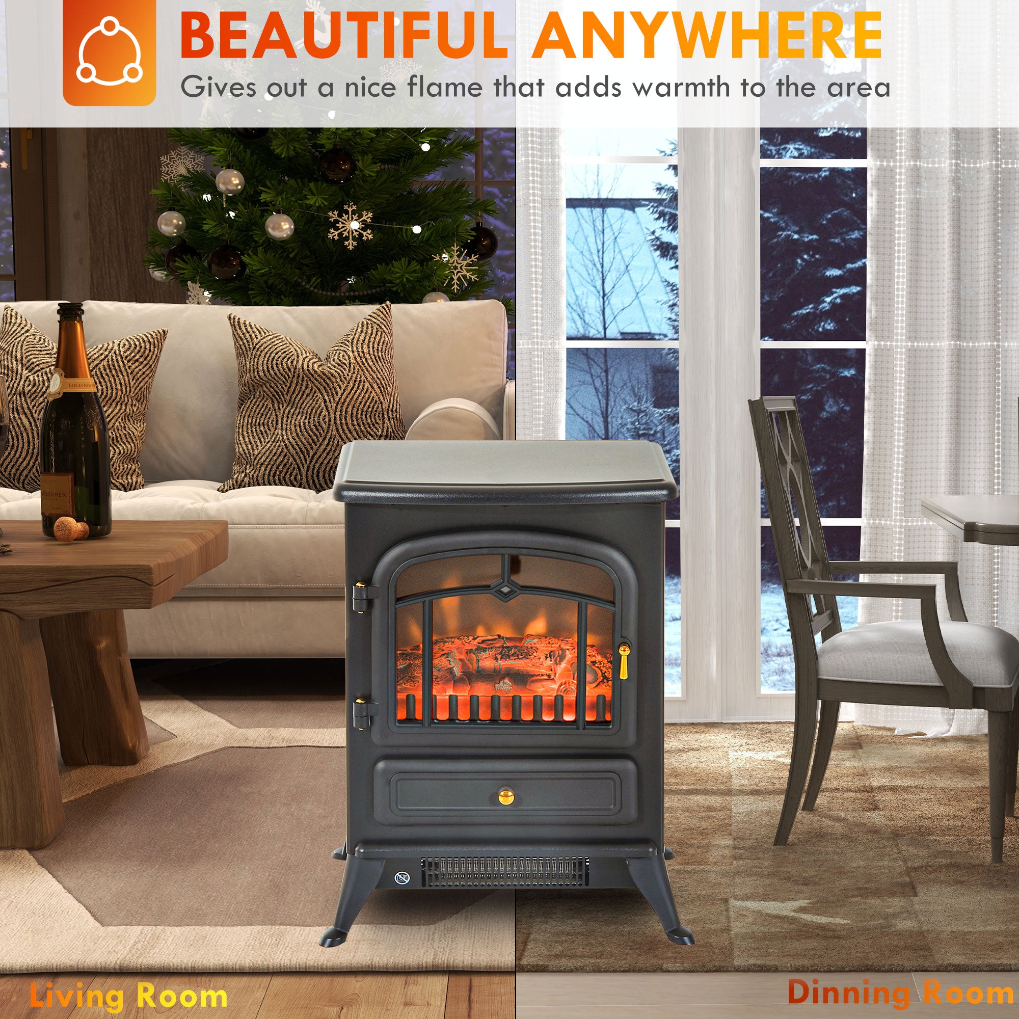 Electric Fireplace Stove Heater with Realistic LED Flames and Logs 750W/1500W Black