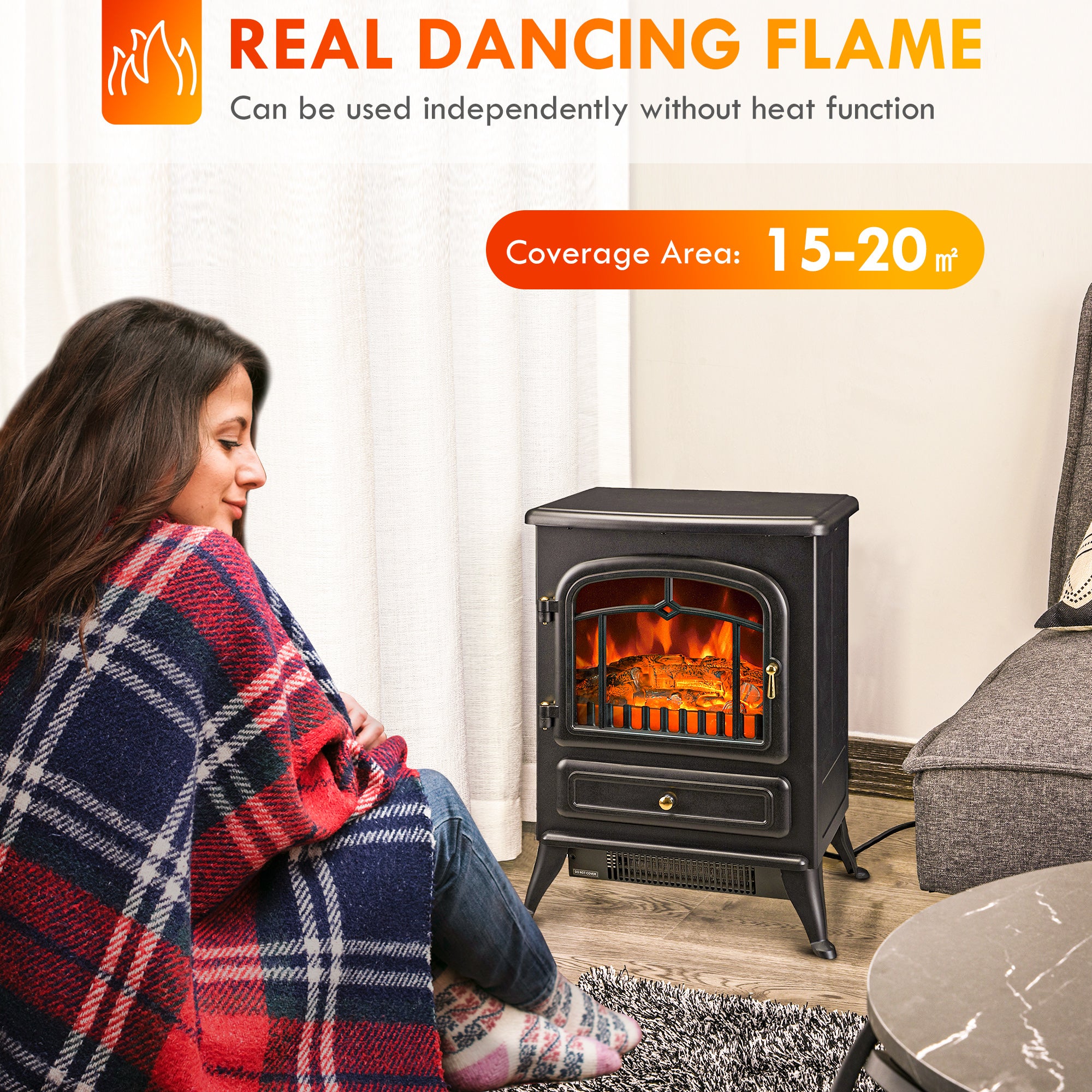 Electric Fireplace Stove Heater with Realistic LED Flames and Logs 750W/1500W Black