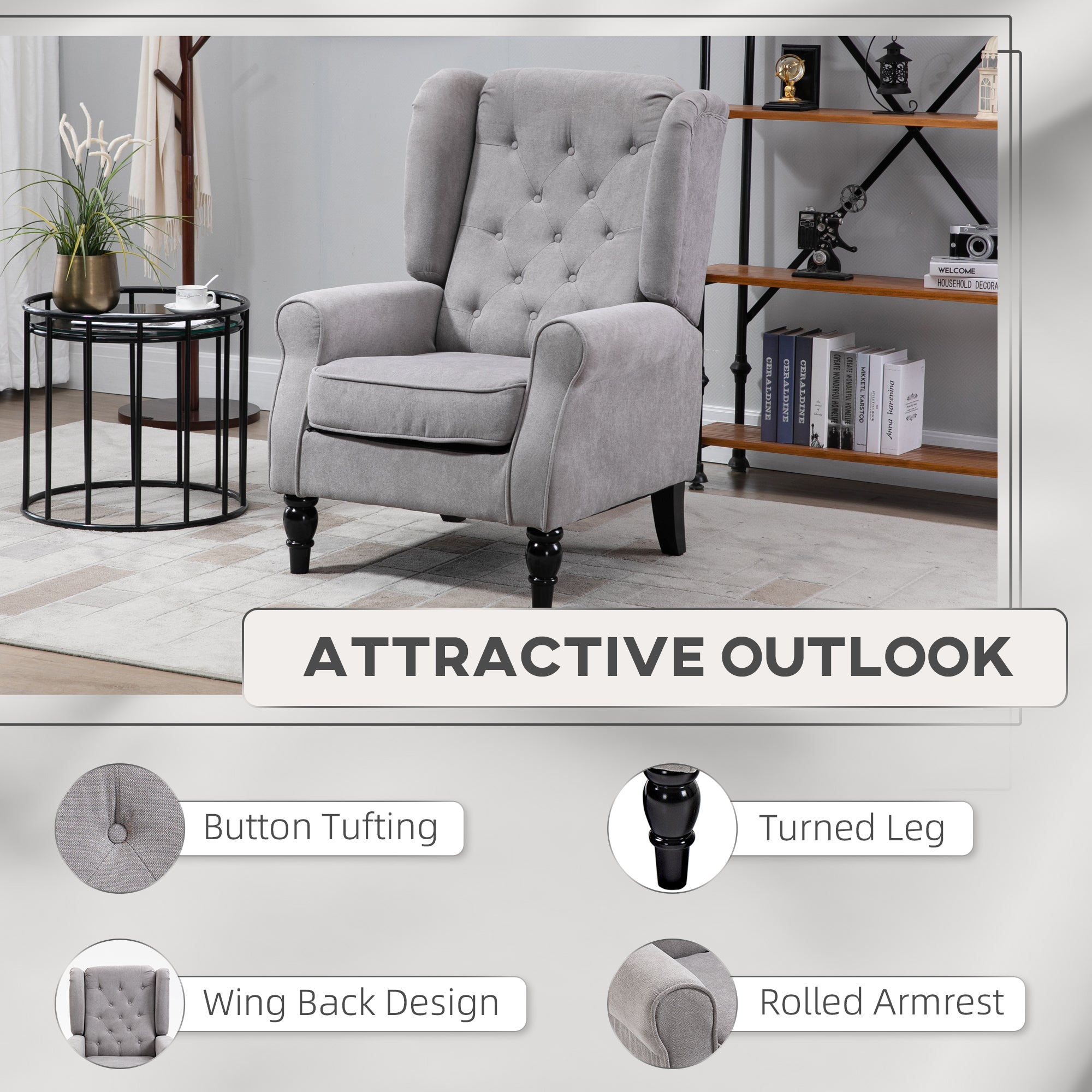 Button-Tufted Accent Chair with High Wingback, Rounded Cushioned Armrests and Thick Padded Seat, Grey