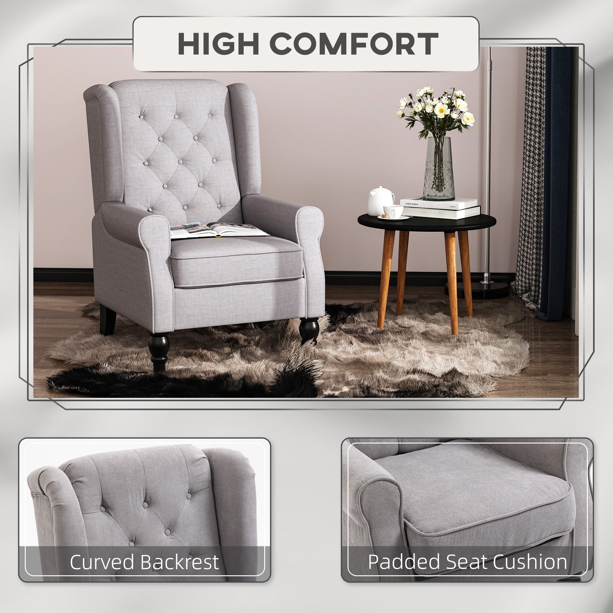 Button-Tufted Accent Chair with High Wingback, Rounded Cushioned Armrests and Thick Padded Seat, Grey