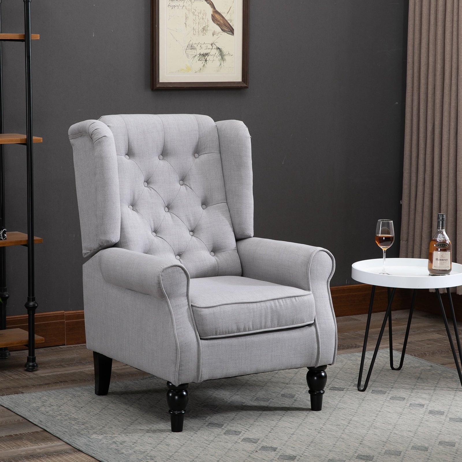 Button-Tufted Accent Chair with High Wingback, Rounded Cushioned Armrests and Thick Padded Seat, Grey