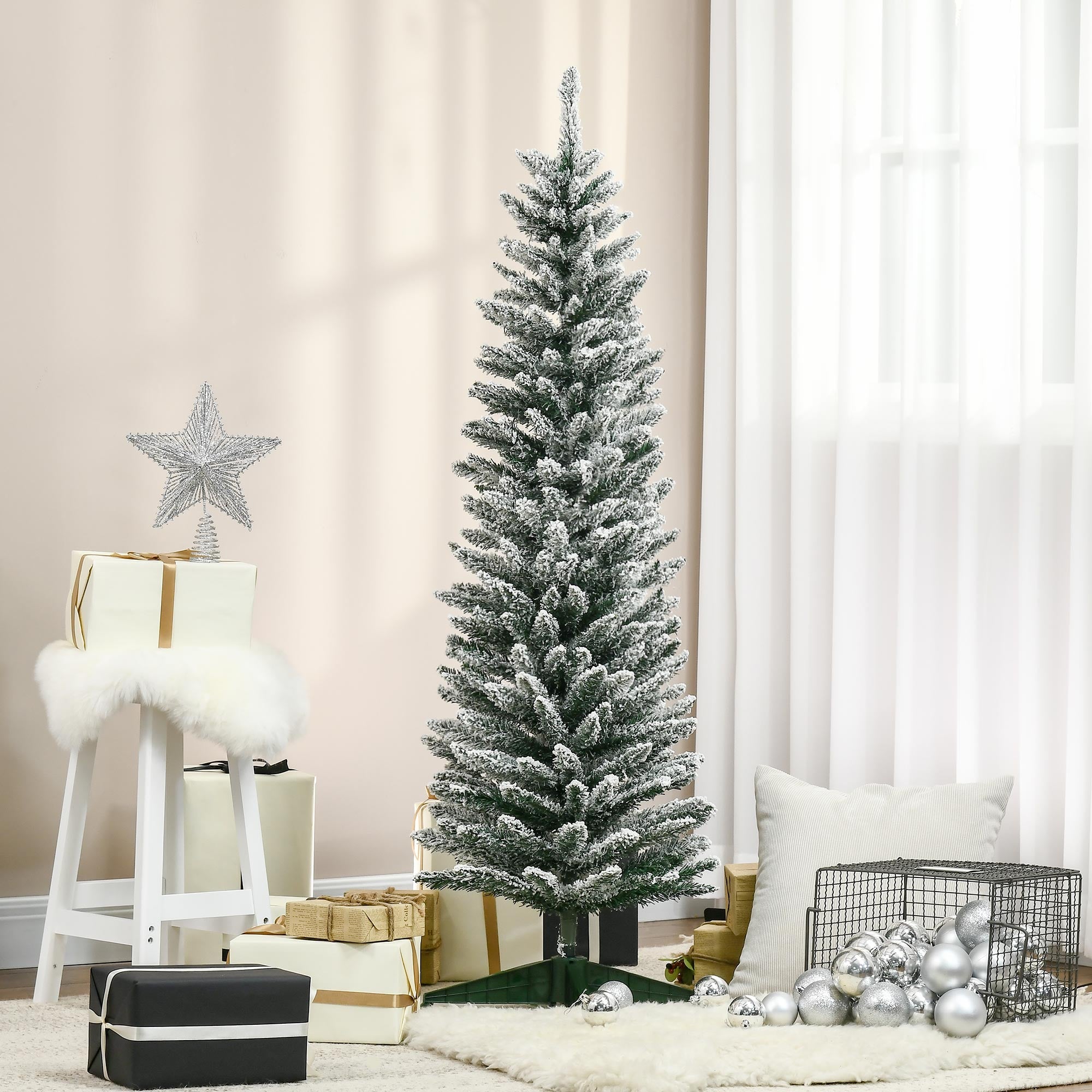 5' Snow Flocked Artificial Pencil Christmas Tree Slim Xmas Tree with Realistic Branches Green