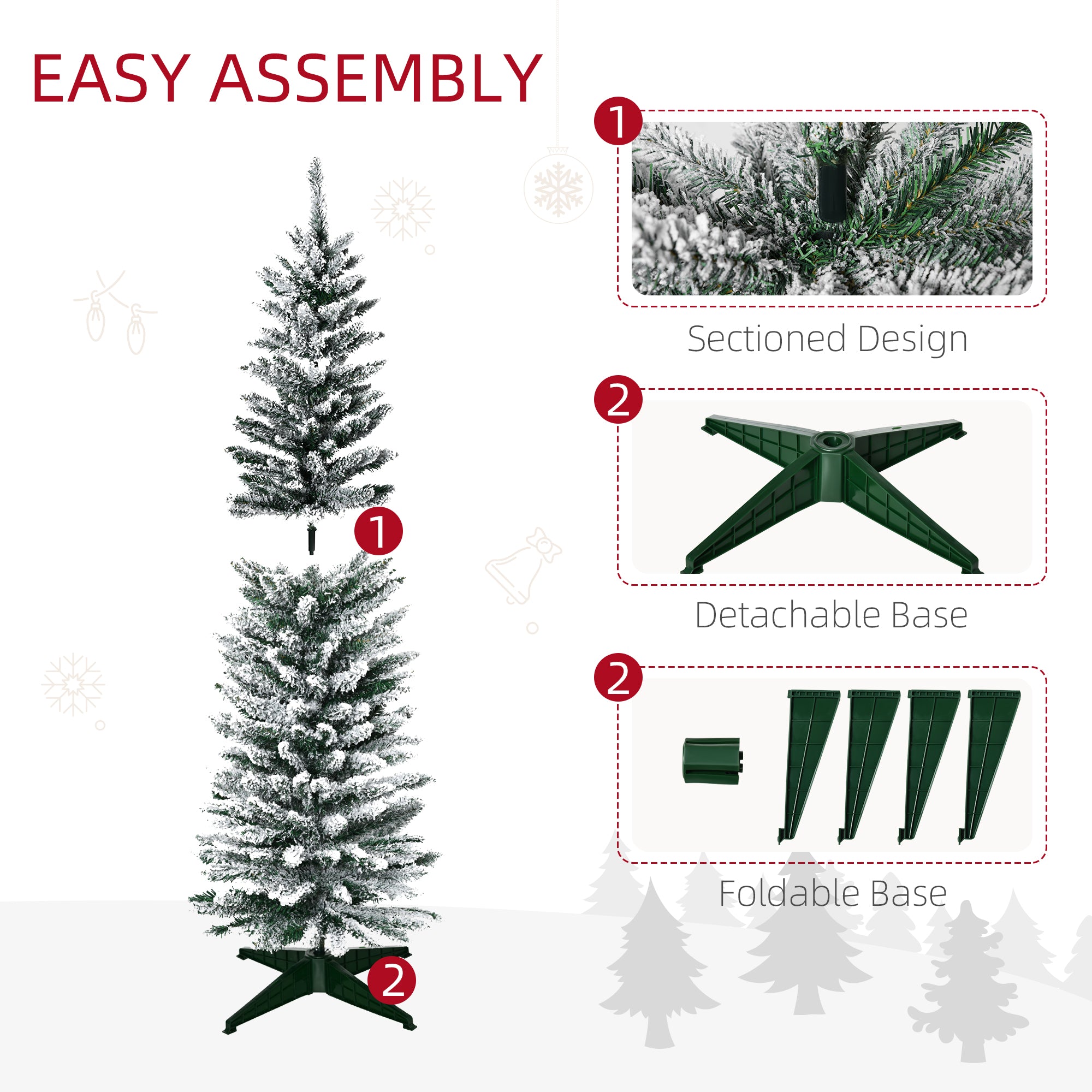 HOMCOM 5ft Tall Pencil Artificial Christmas Tree, Holiday Décor with Snow Flocked Branches, Green