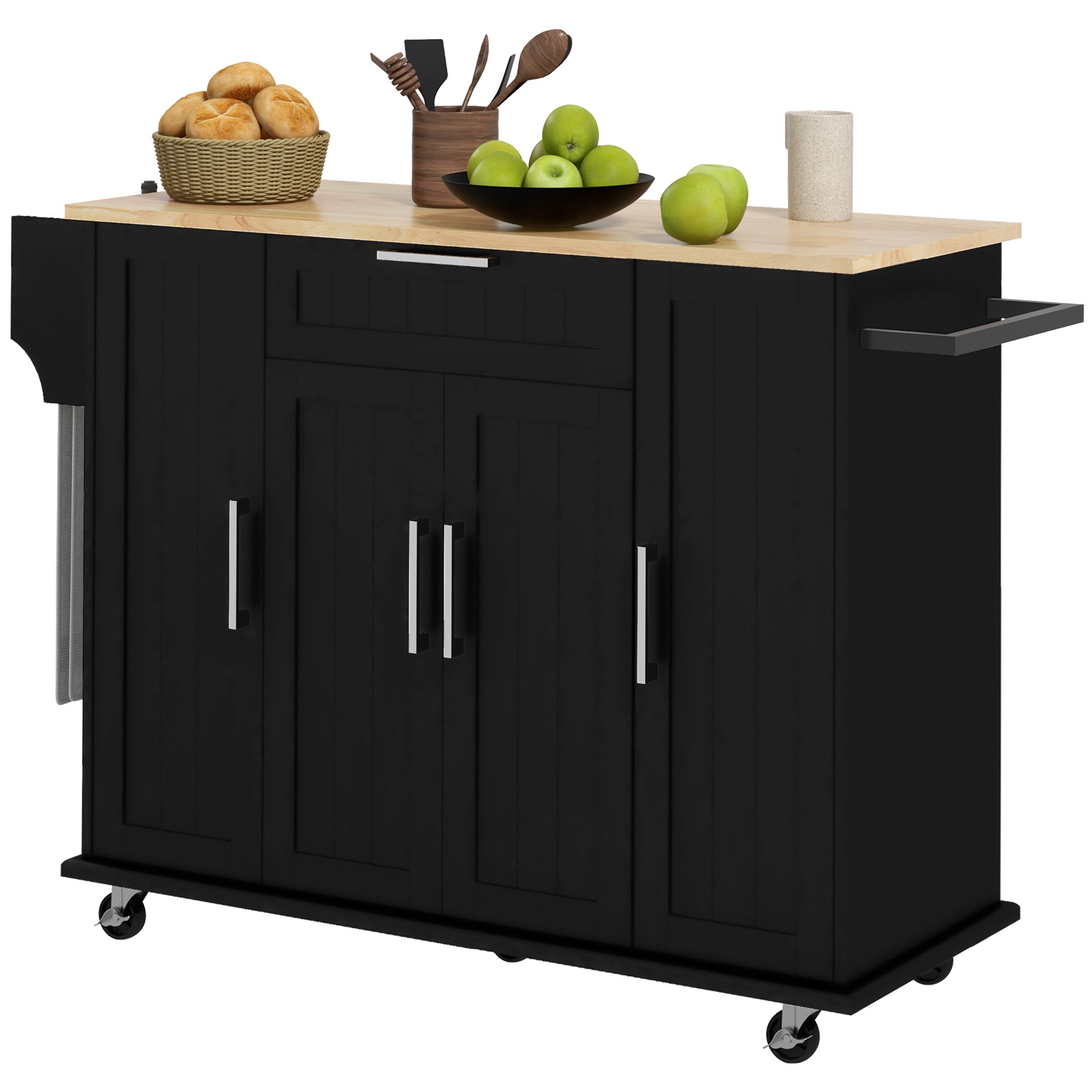 Modern Rolling Kitchen Island Cart with Drawers Natural Wood Top Towel Rack Door Storage Cabinet Black