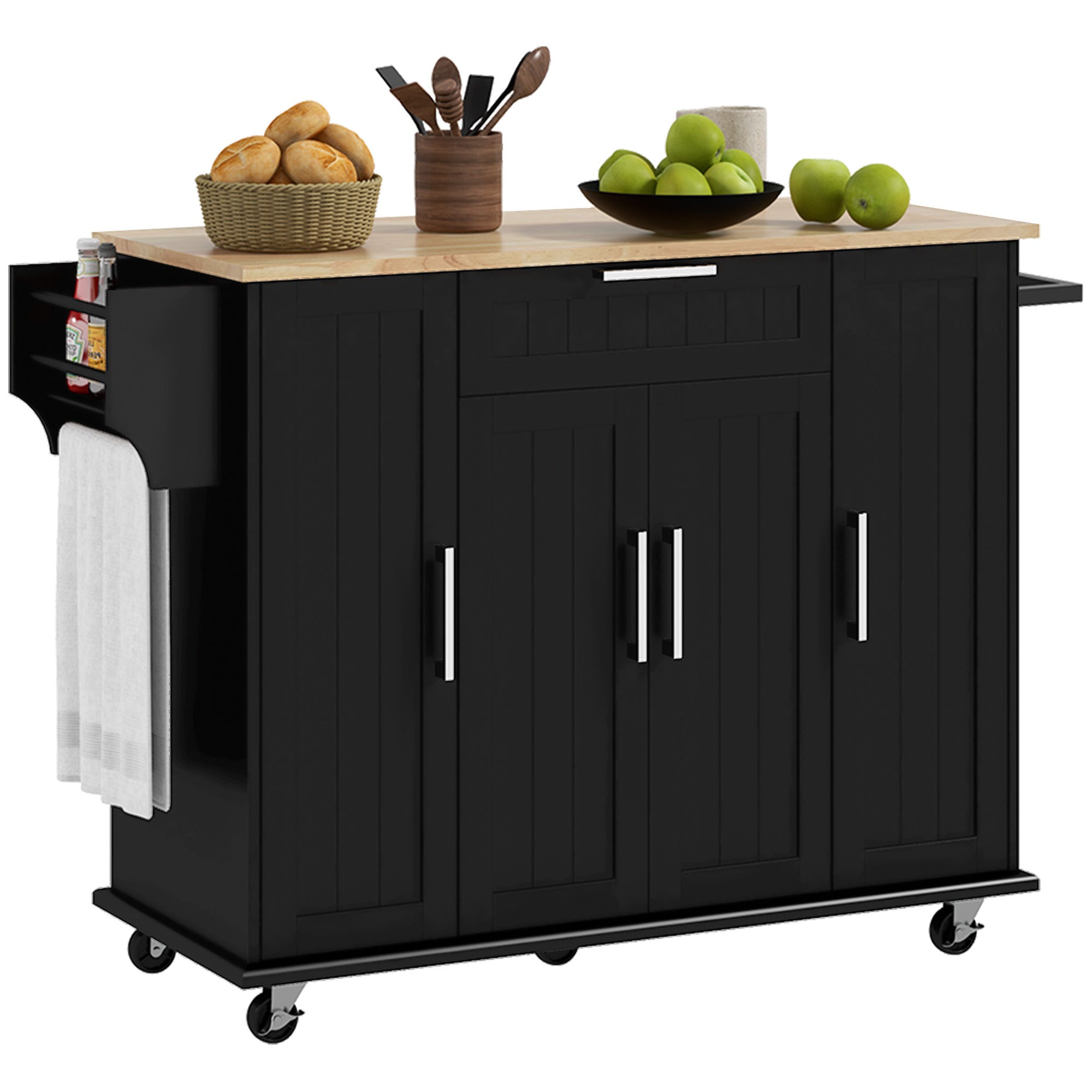 Modern Rolling Kitchen Island Cart with Drawers Natural Wood Top Towel Rack Door Storage Cabinet Black