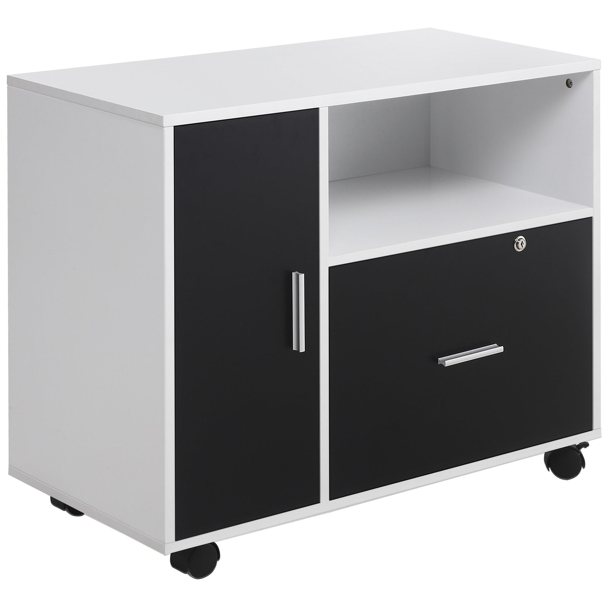 HOMCOM Filing Cabinet with Lockable Drawer, Mobile File Cabinet with 4 Wheels and Shelf, Printer Stand for Hanging A4 and Letter Sized Files, Home Office, Black and White