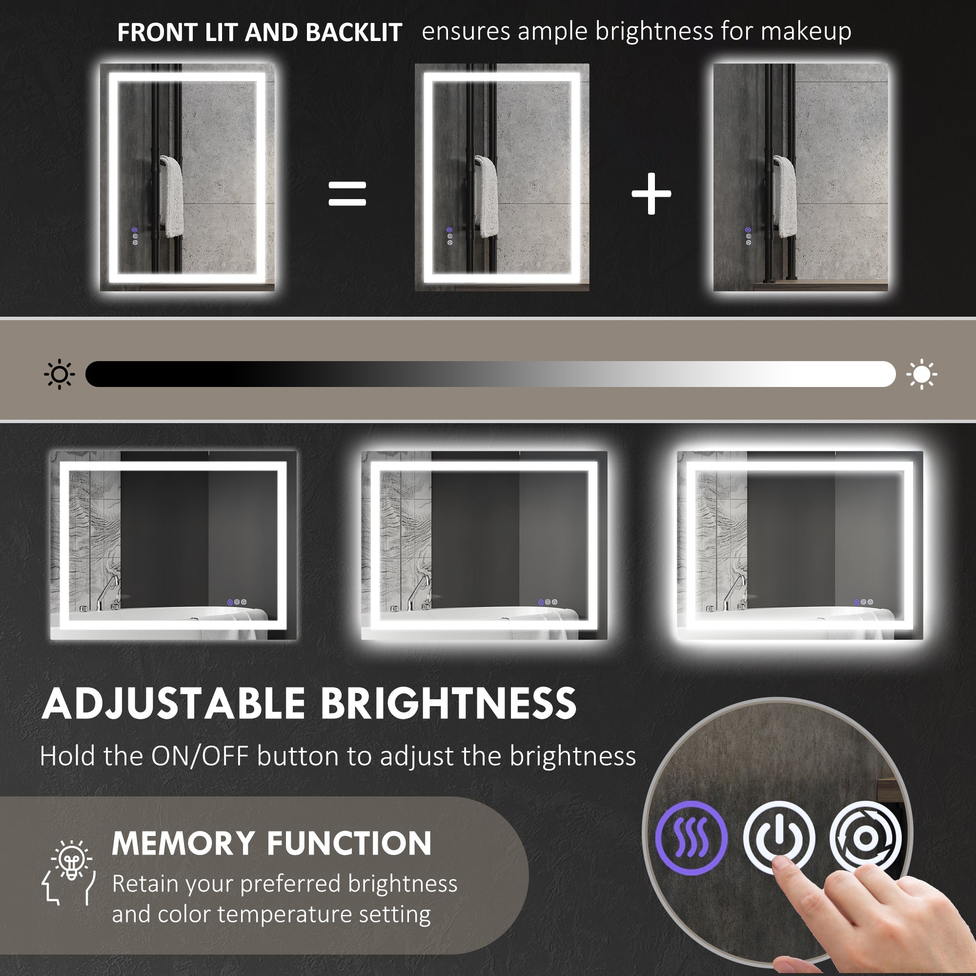 Dimmable Bathroom Mirror with Lights, 47" x 35" Backlit/Front Lit LED Mirror, Anti-Fog, Memory, Infinite Color Temp