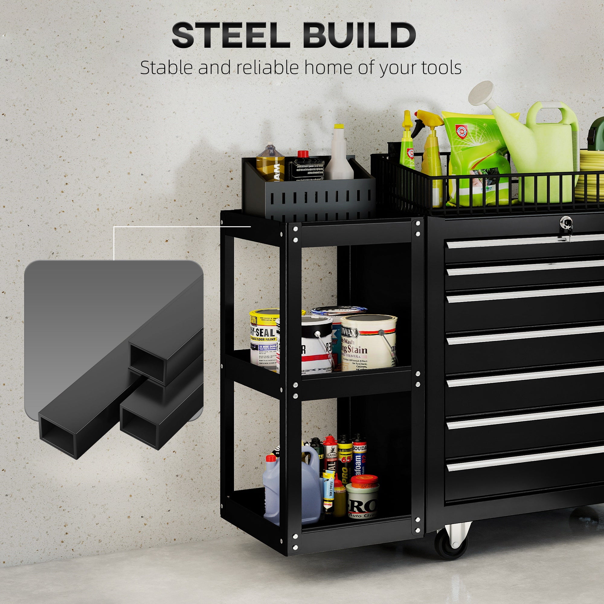 7 Drawer Tool Box, Lockable Steel Tool Chest on Wheels, Rolling Tool Cabinet with 7 Drawers and Handle for Workshop, Garage, Black