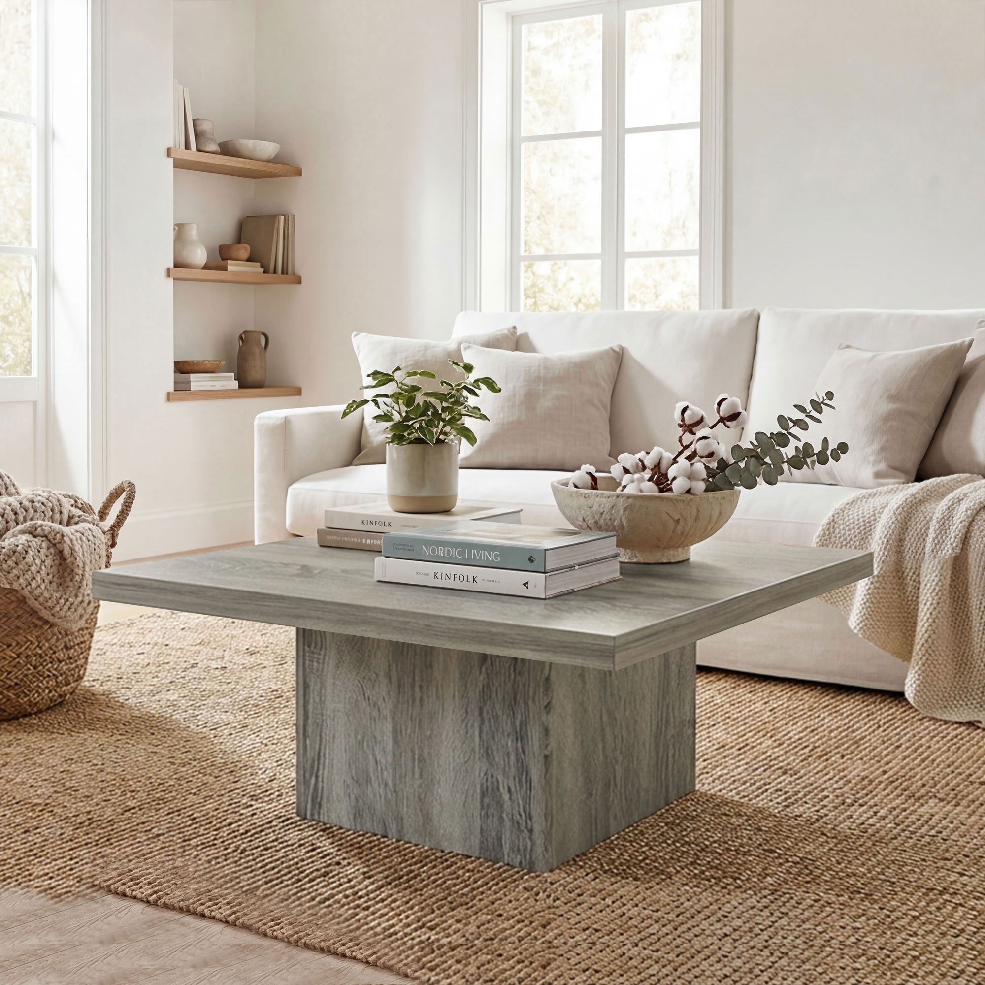 Square Coffee Table, Center Table with 1.6" Thick Tabletop for Living Room, Easy Assembly, 31.5"x31.5", Gray Wood Grain