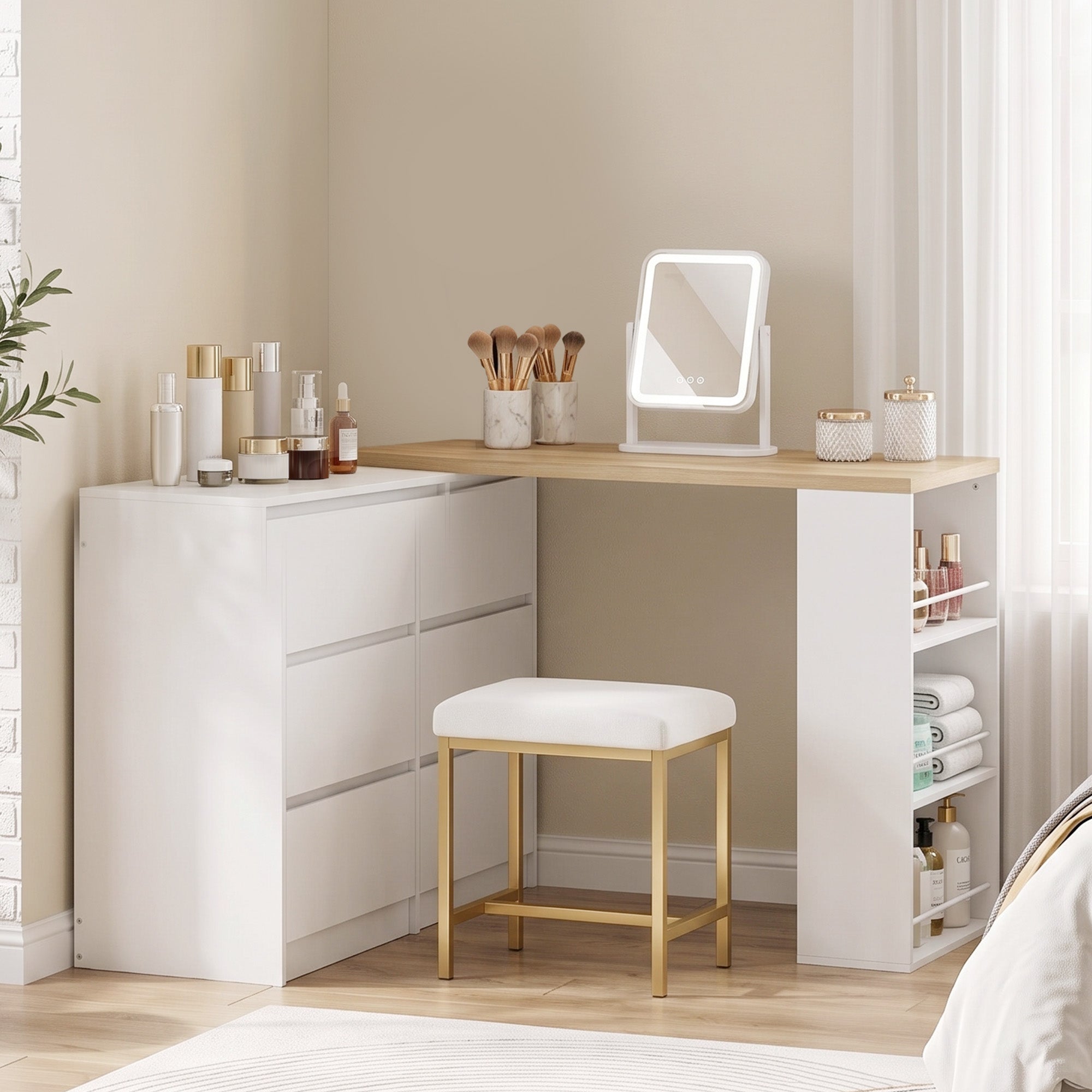 Dressing Table with 6 Drawers, 3-Tier Shelf, Straight or L-Shaped Layout, Makeup Desk for Bedroom, White