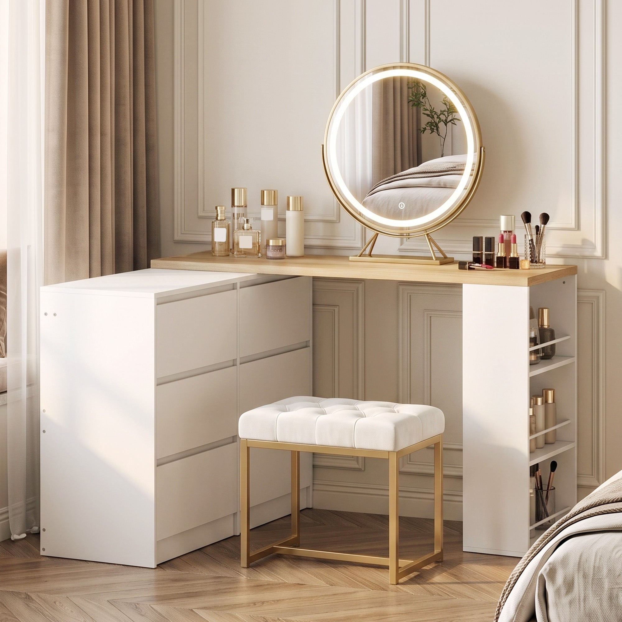 Dressing Table with 6 Drawers, 3-Tier Shelf, Straight or L-Shaped Layout, Makeup Desk for Bedroom, White