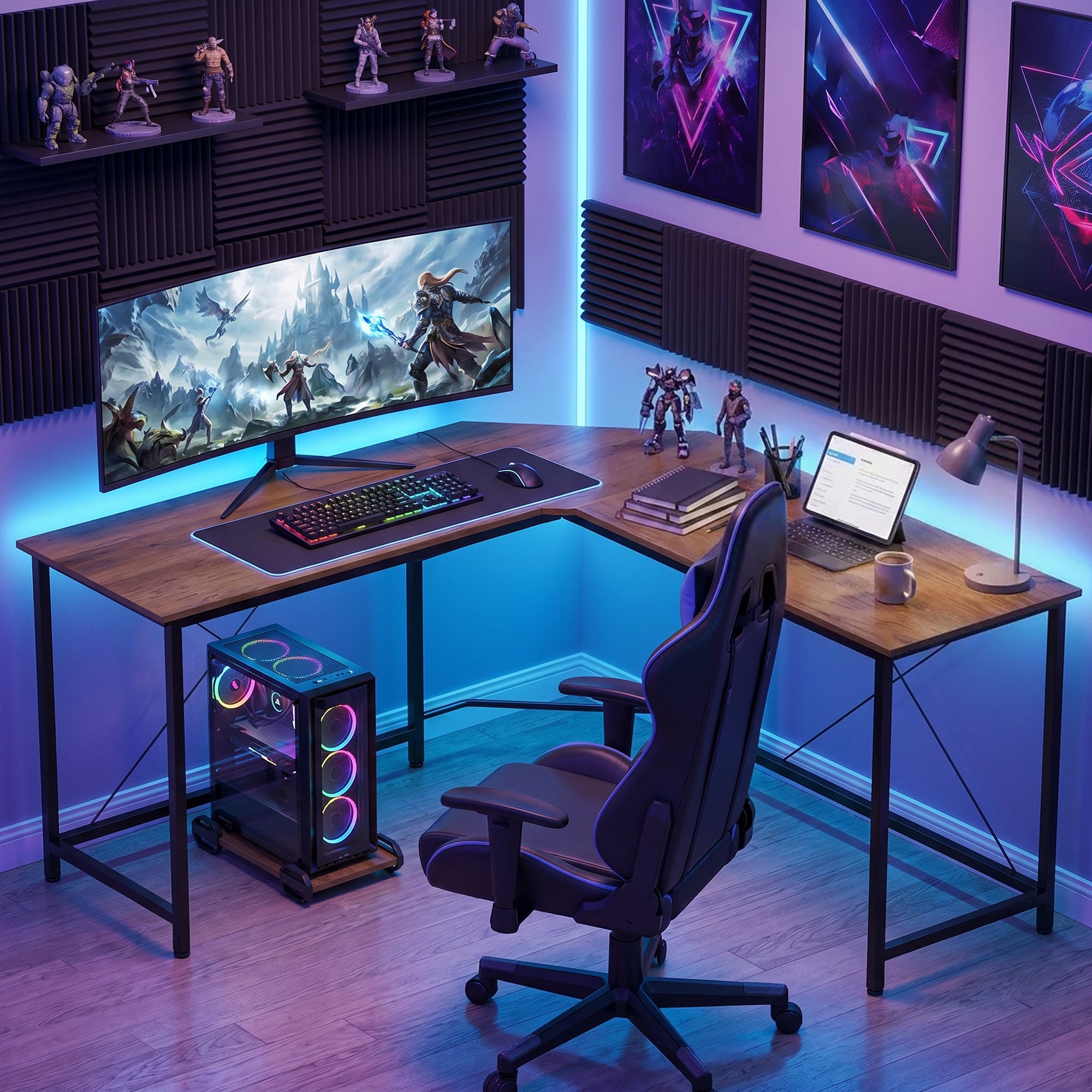L-Shaped Desk, Gaming Desk, 150 x 150 x 75 cm, Corner Computer Desk for Study, Home Office, Bedroom, Grey Wood Effect