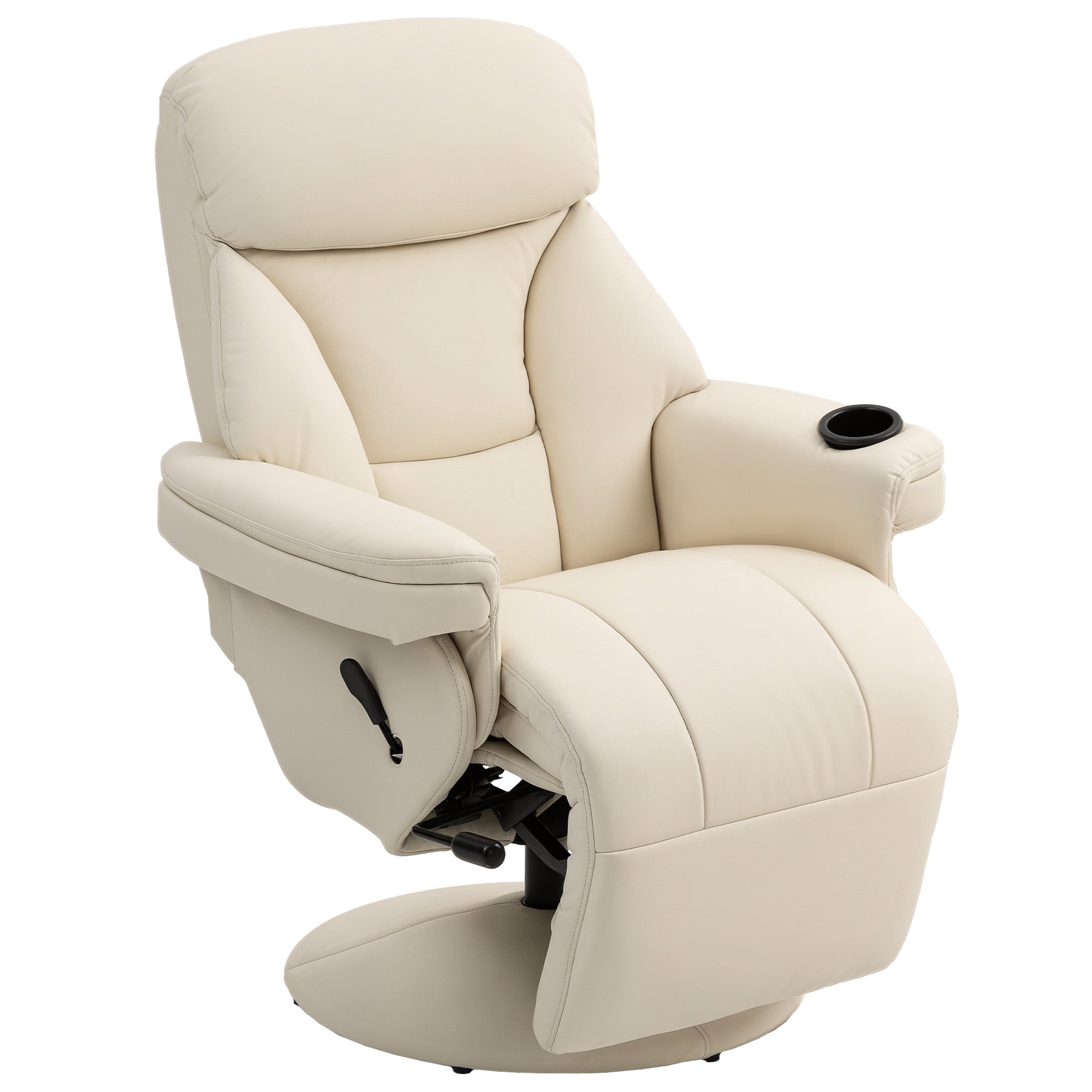 Manual Recliner Chair with Footrest, Upholstered Reclining Armchair with Adjustable Backrest and Cup Holder, PU Leather Swivel Chair for Living Room, Bedroom, Cream White