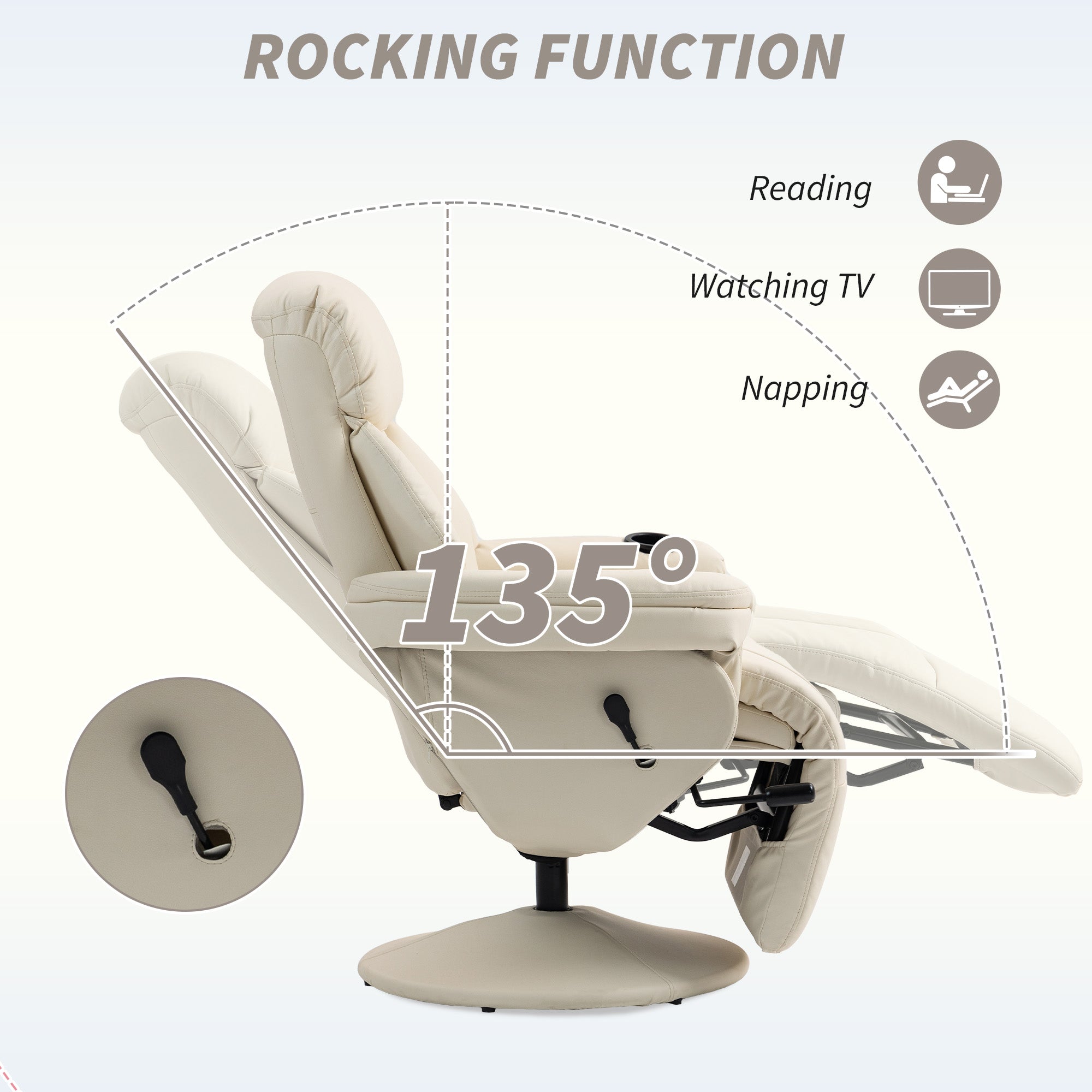 Manual Recliner Chair with Footrest, Upholstered Reclining Armchair with Adjustable Backrest and Cup Holder, PU Leather Swivel Chair for Living Room, Bedroom, Cream White