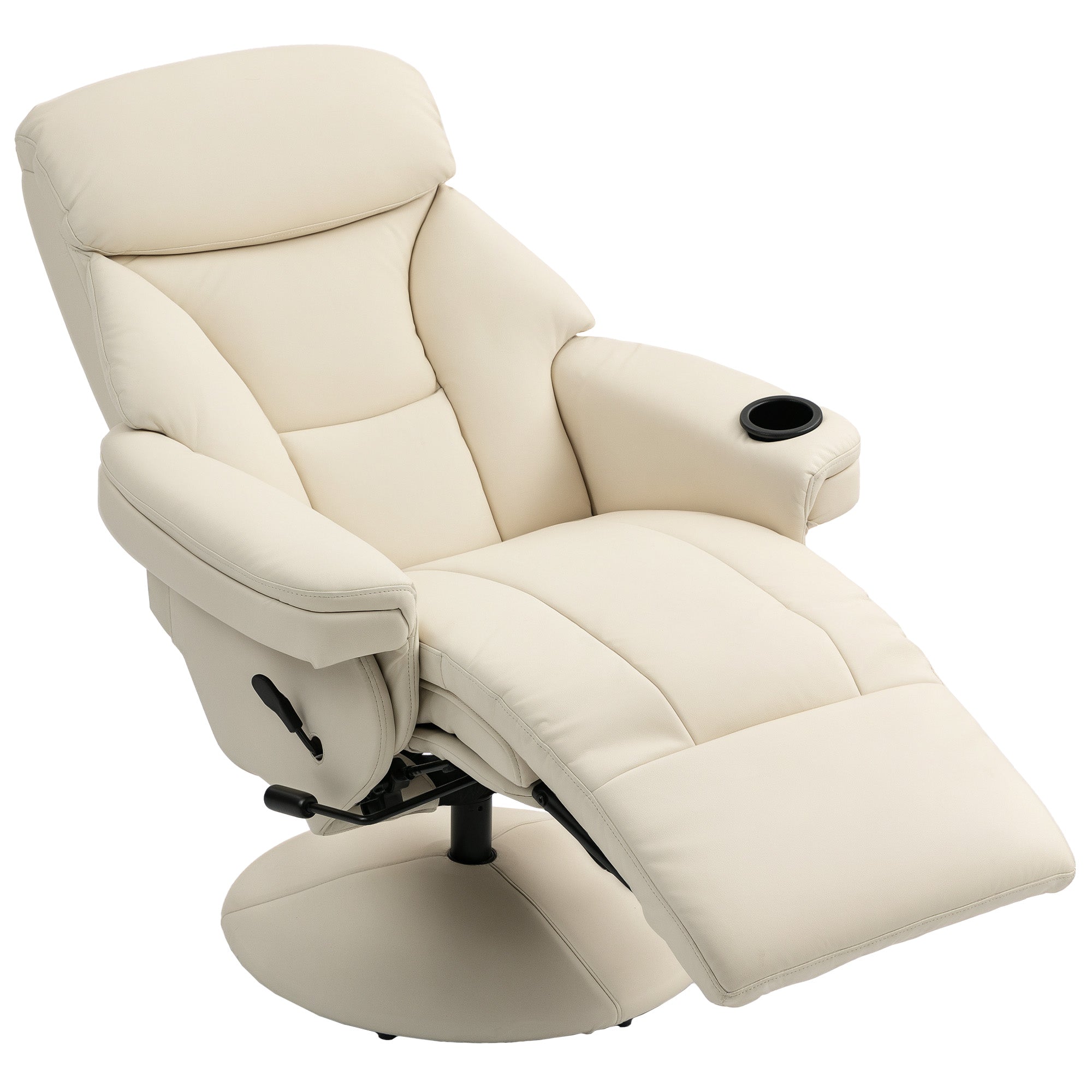 Manual Recliner Chair with Footrest, Upholstered Reclining Armchair with Adjustable Backrest and Cup Holder, PU Leather Swivel Chair for Living Room, Bedroom, Cream White