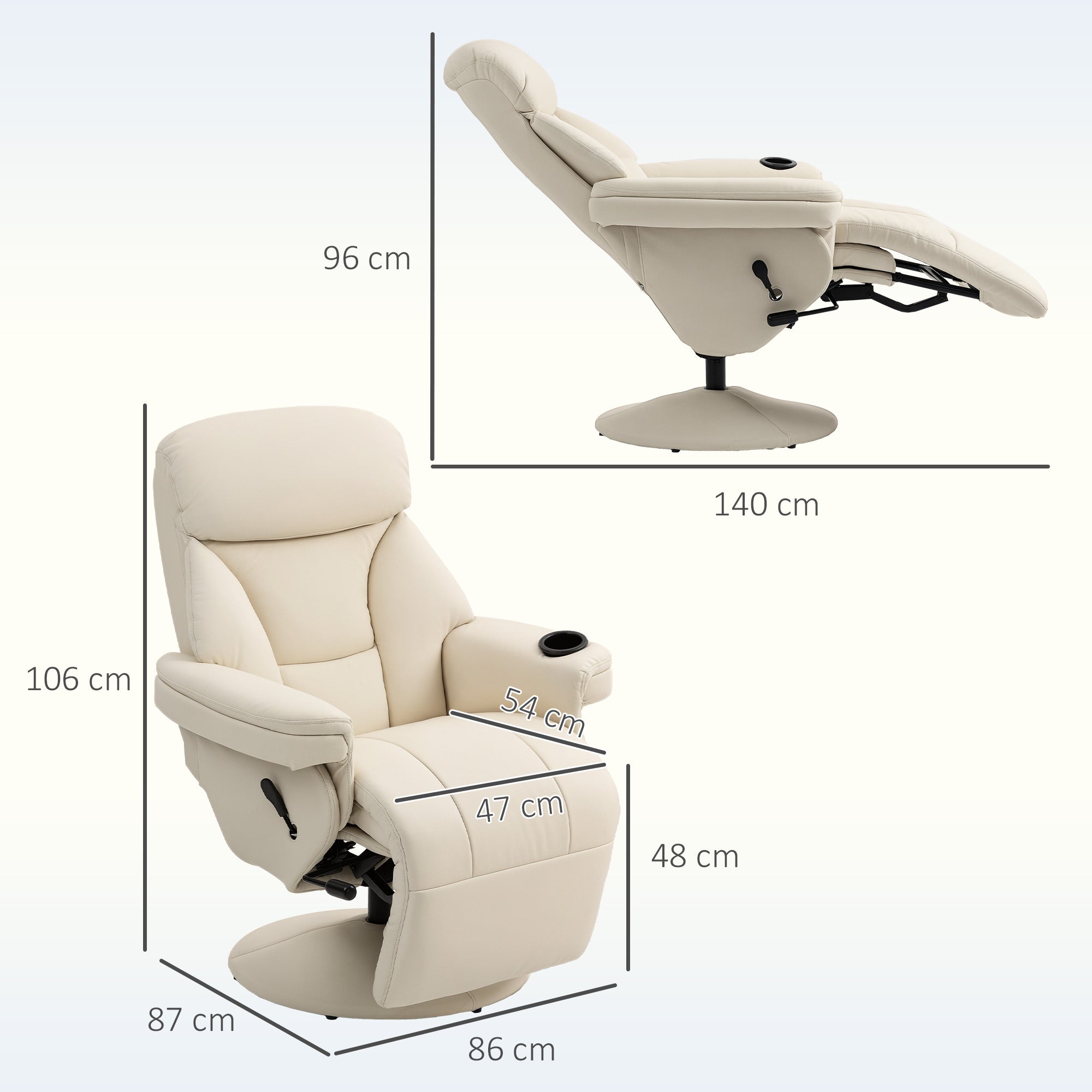 Manual Recliner Chair with Footrest, Upholstered Reclining Armchair with Adjustable Backrest and Cup Holder, PU Leather Swivel Chair for Living Room, Bedroom, Cream White