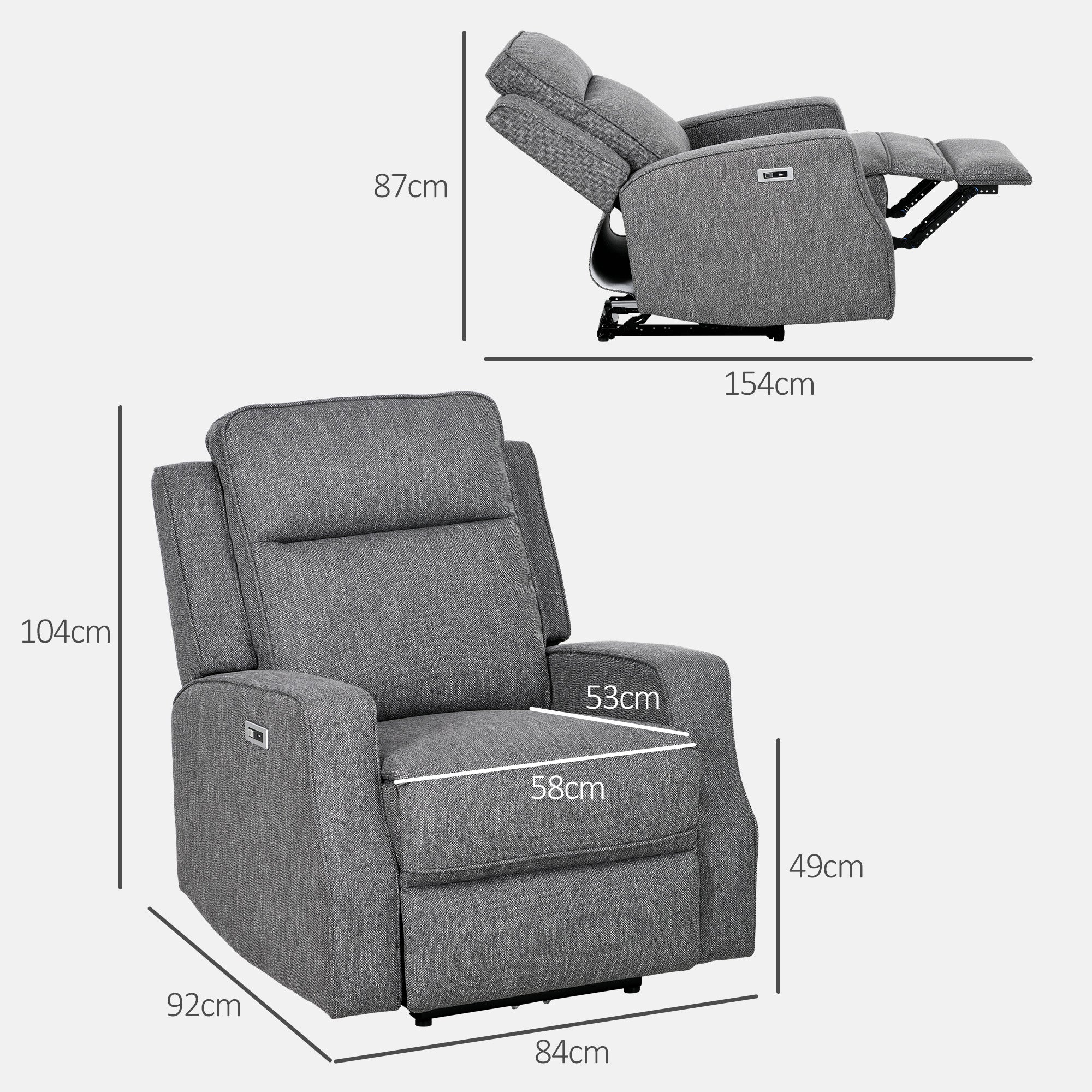 HOMCOM Electric Fabric Recliner Armchair, Reclining Chair with Adjustable Leg Rest, USB Port, for Limited Space Home Living Room, Charcoal Grey