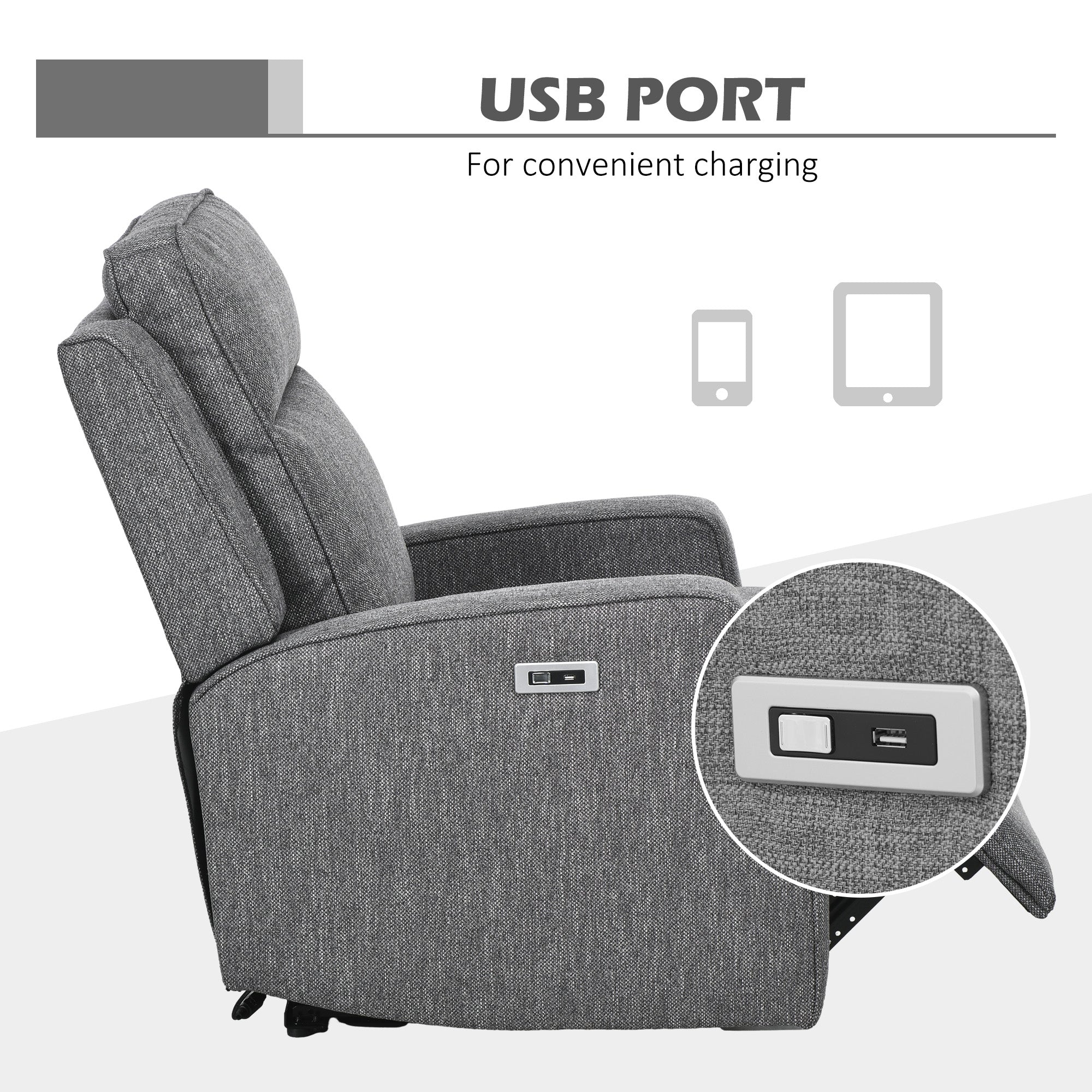 HOMCOM Electric Fabric Recliner Armchair, Reclining Chair with Adjustable Leg Rest, USB Port, for Limited Space Home Living Room, Charcoal Grey