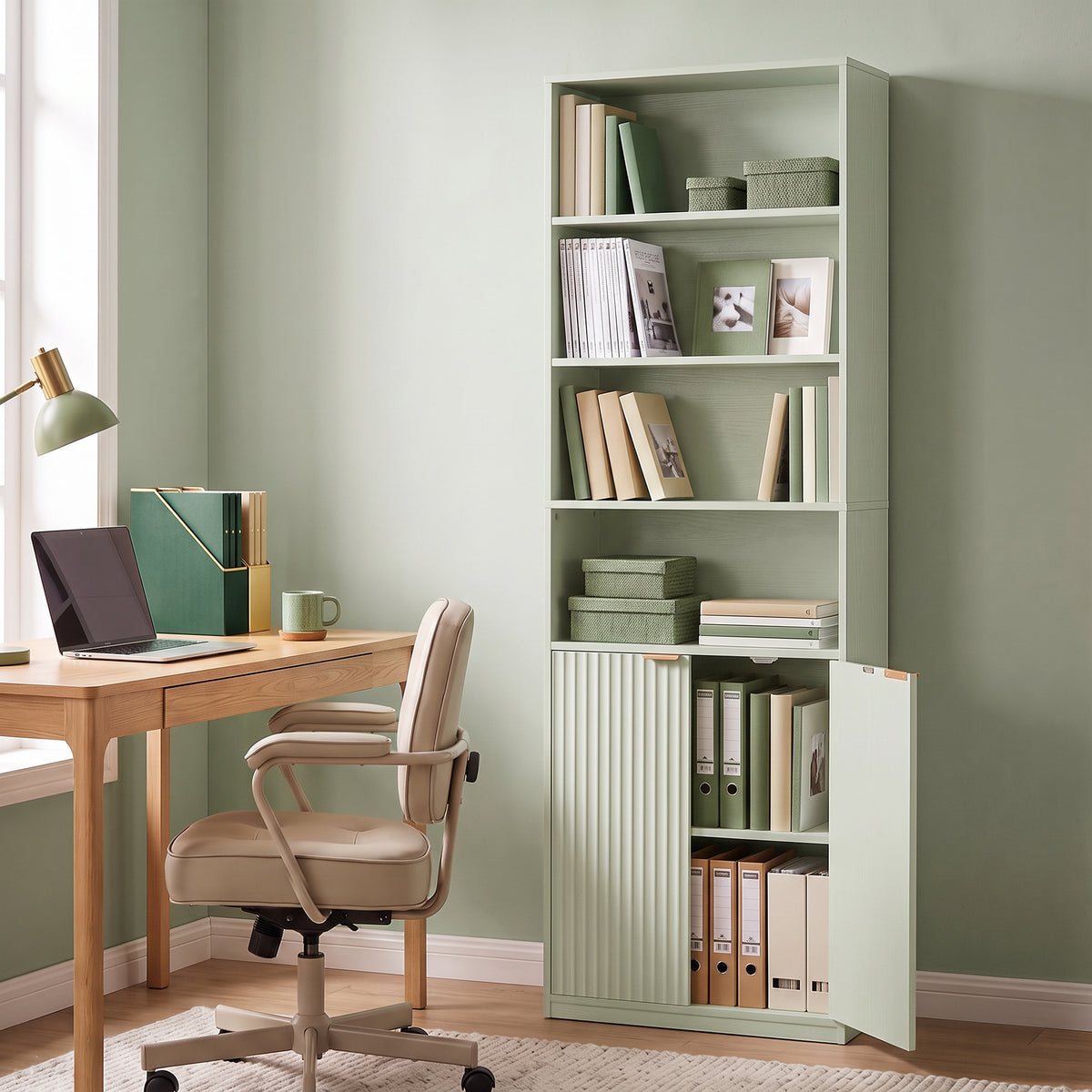 Slim Bookcase, 6-Tier Tall Bookshelf, Freestanding Shelving Unit with Cabinet, Adjustable Shelf, 60 x 24 x 182 cm for Living Room, Study, Home Office, Light Green