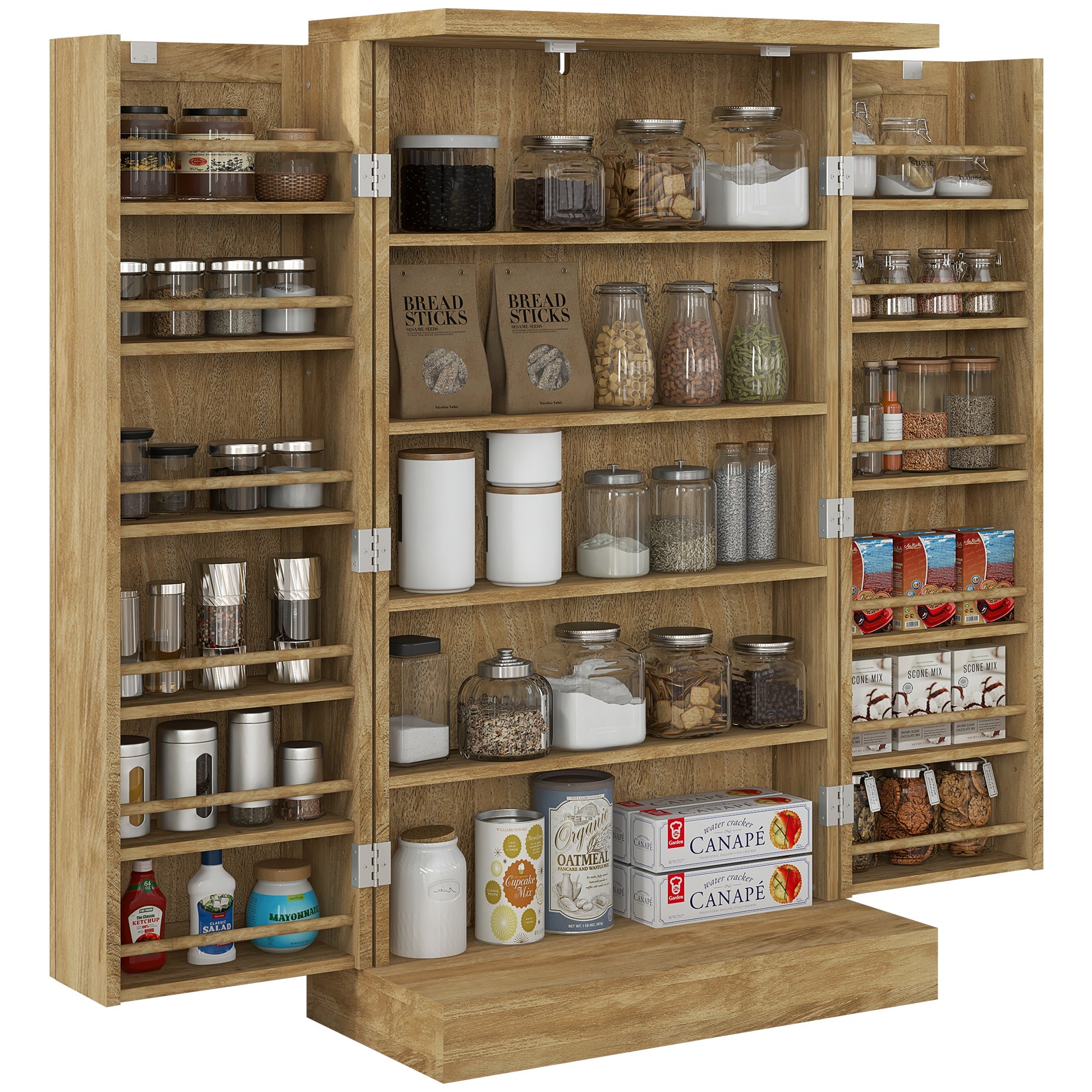 41" Rattan Kitchen Storage Cabinet, Food Pantry Cabinet with 5-Tier Shelf, 12 Spice Racks, Adjustable Shelves, Natural