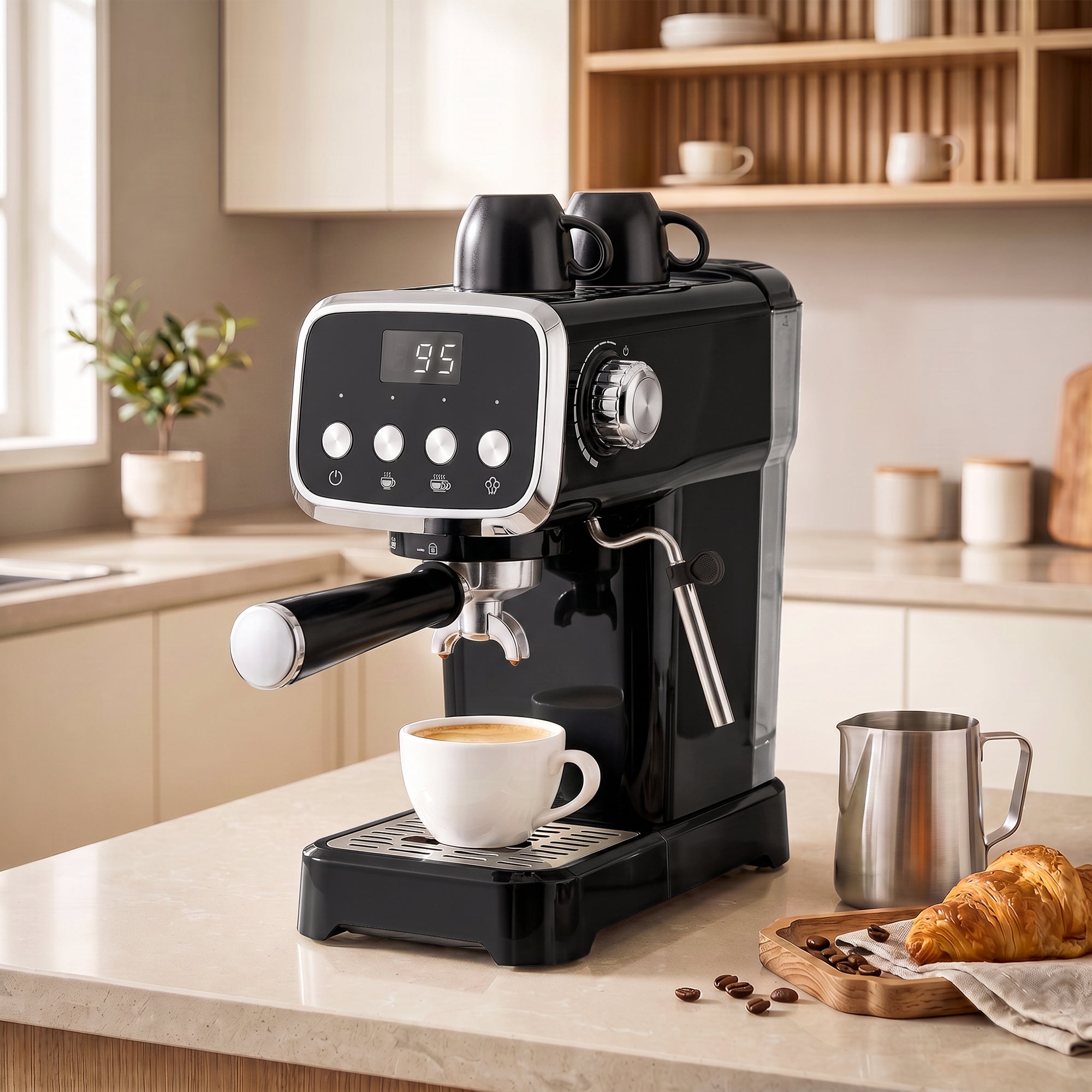 Espresso Machine with Milk Frother Wand, 1350W Semi Automatic 20 Bar Coffee Machine with 1.2L Water Tank, Latte and Cappuccino Maker with Single/Double Shot, Hot Water, Cup Warming, Black