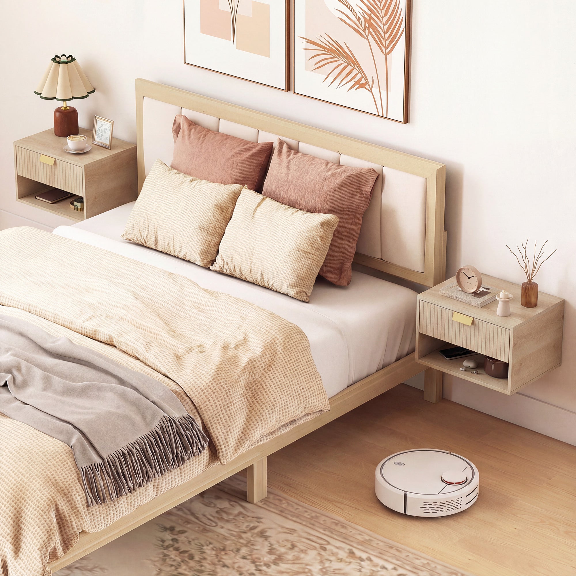 Floating Bedside Tables Set of 2, Wall Mounted Nightstands with Fluted Drawer and Open Shelf for Small Bedroom, Modern Bedside Table, 40 x 30 x 25 cm, Oak
