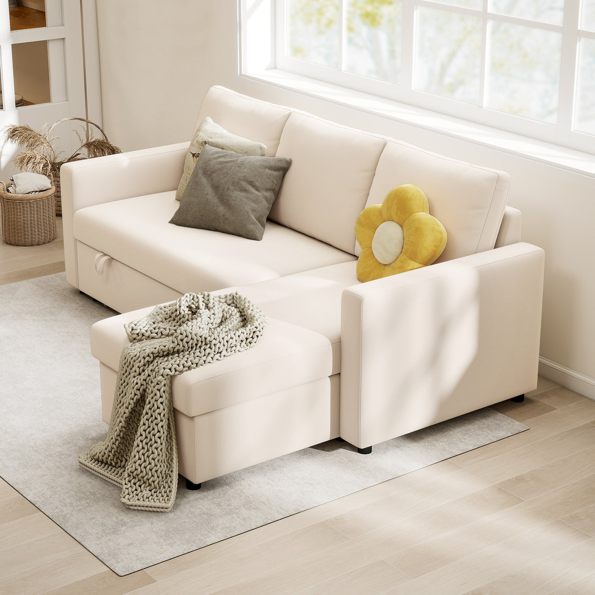 83" Sofa Bed, Convertible Pull Out Sleeper Sofa, Linen L Shaped Sectional Couch with Reversible Storage Chaise, Wide and Deep Seat for Living Room, Apartment, Cream White