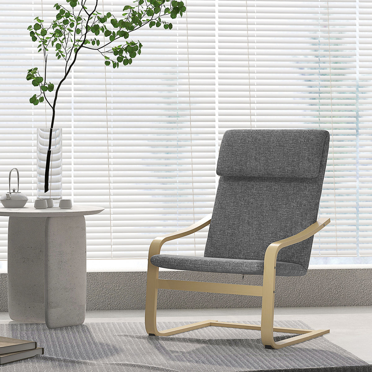 Modern Accent Chair, Linen-Feel Upholstered Living Room Chair with Wood Curved Legs and Wide Padded Seat for Balcony, Dark Grey