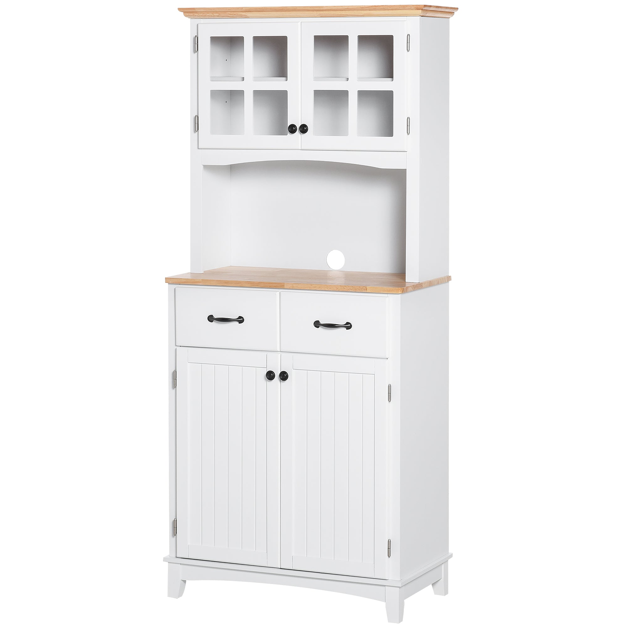 Freestanding Kitchen Cupboard, Kitchen Storage Cabinet with Framed Glass Doors, 2 Drawers, Microwave Counter, 172cm, White
