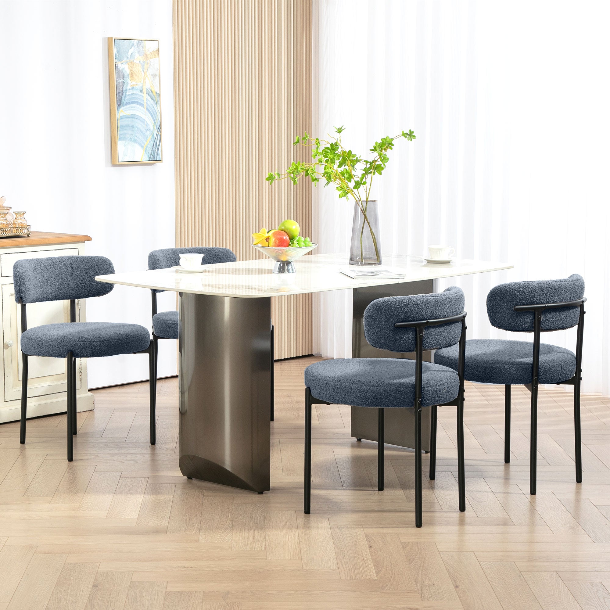 Boucle Dining Chairs Set of 4, Round Modern Upholstered Kitchen Chairs with Curved Backrest, Thick Cushion and Steel Legs for Dining Room, Gray