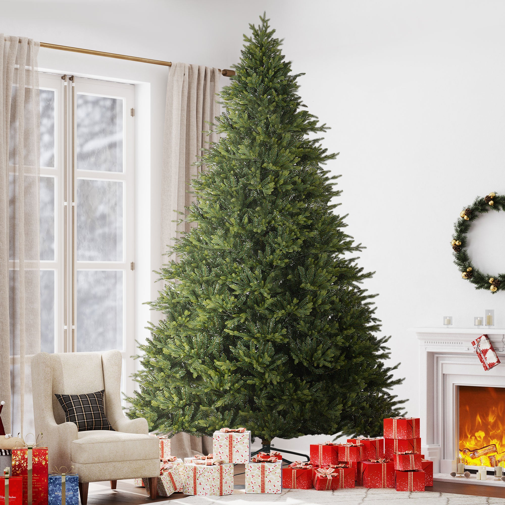 12ft Artificial Christmas Tree with 8410 Tips, Foldable Metal Stand, Easy Assembly, Full Christmas Tree, Realistic Hinged Xmas Tree for Home Office Holiday, Green