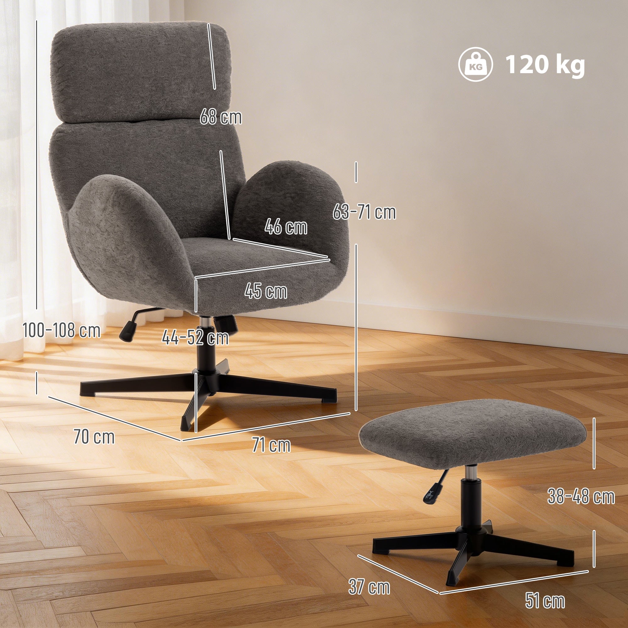 Swivel Armchair and Footstool Set, Raindrop Velvet Height Adjustable Accent Chair with Adjustable Headrest, Rocking Function, Wide Back, Modern Lounge Chair for Living Room, Grey