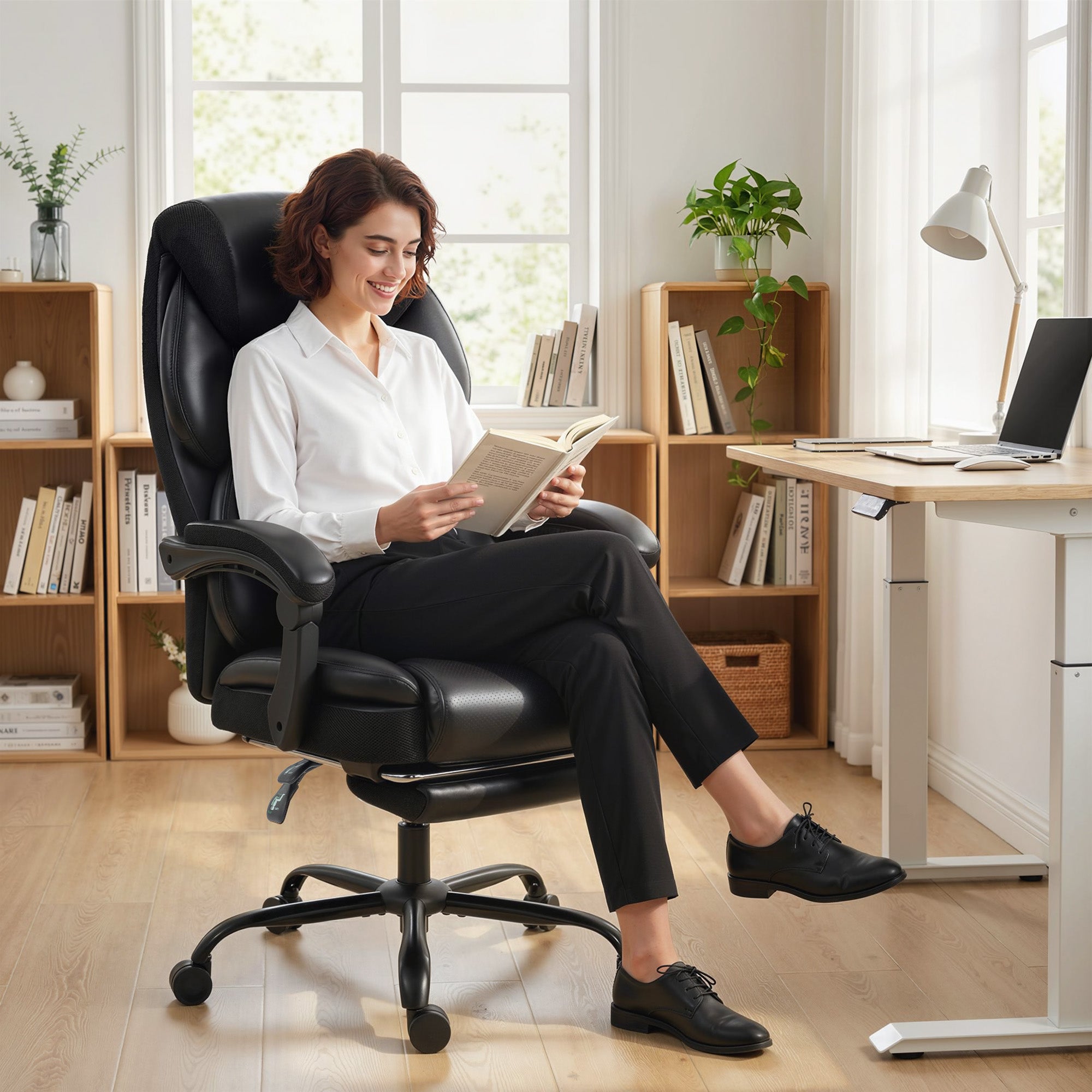 Office Chair, PU Leather Reclining Computer Desk Chair with Footrest, Armrest, Adjustable Height, Swivel Casters, Black