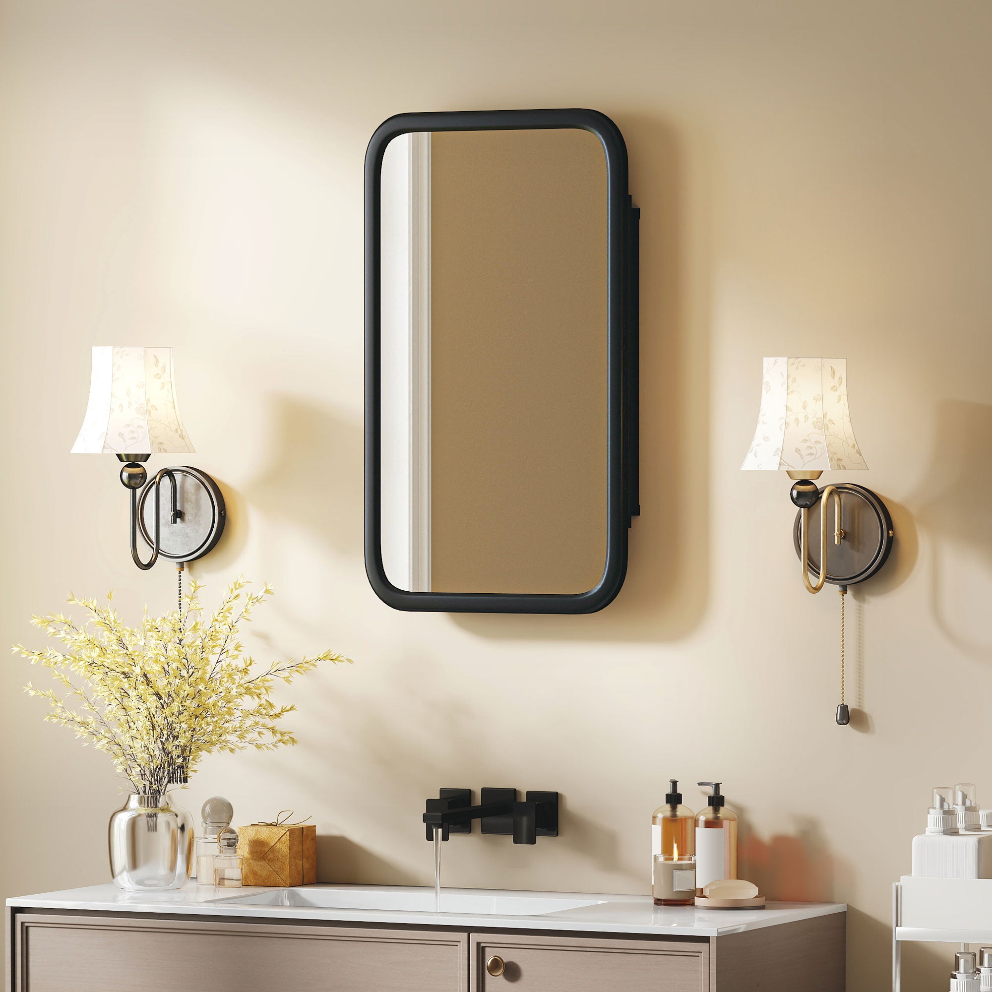 Bathroom Medicine Cabinet with Tempered Mirror, Metal Bathroom Mirror Cabinet Wall Mounted with 3 Shelves and 180° Swing Door for Hallway or Bathroom, Black