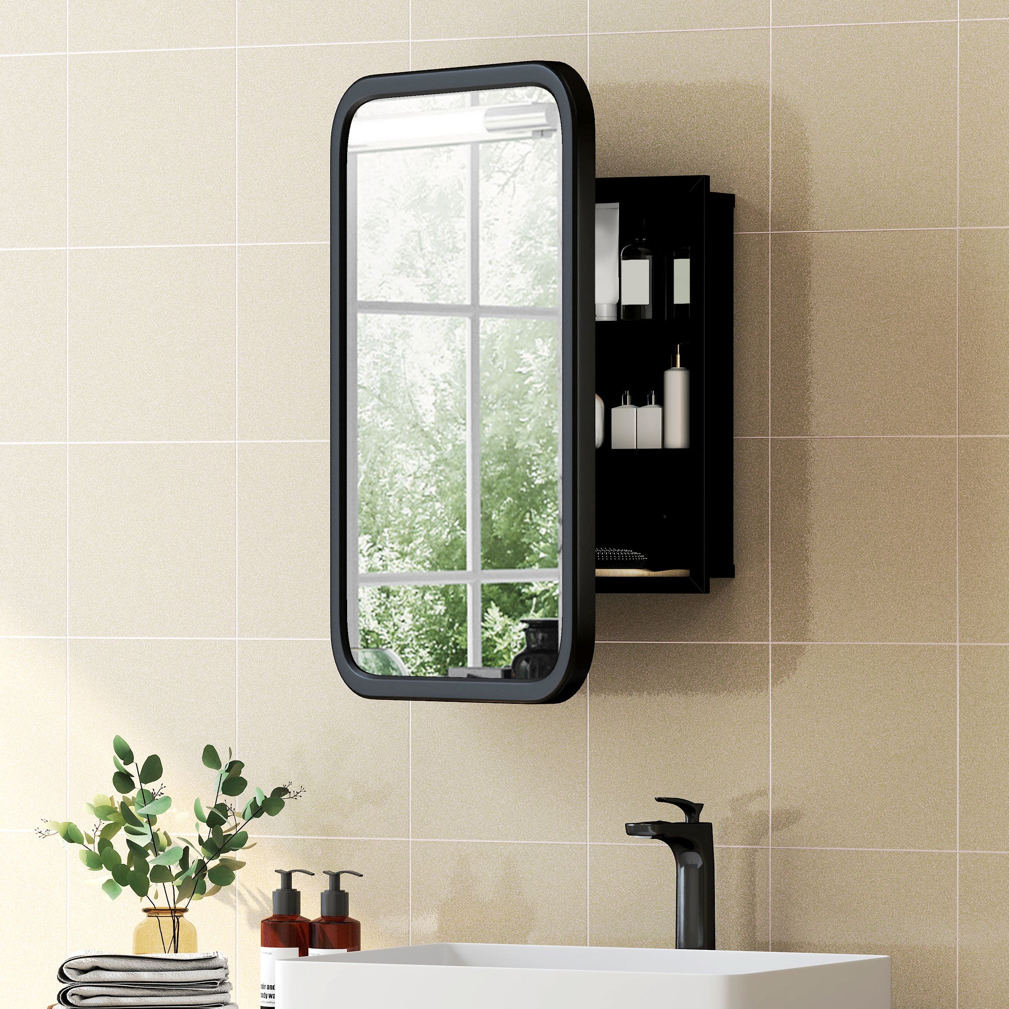 Bathroom Medicine Cabinet with Tempered Mirror, Metal Bathroom Mirror Cabinet Wall Mounted with 3 Shelves and 180° Swing Door for Hallway or Bathroom, Black